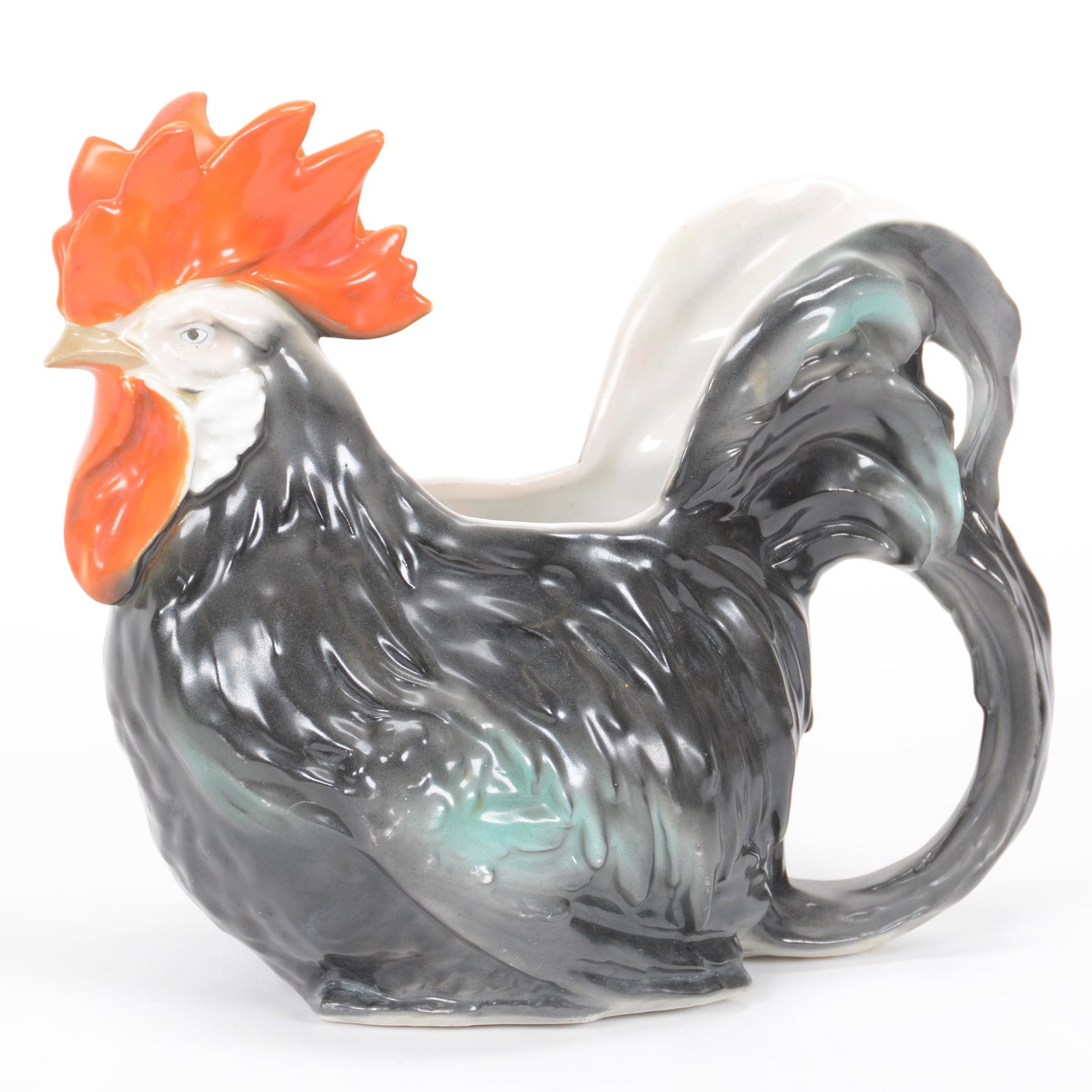 Water Pitcher Marked Royal Bayreuth Rooster: Water Pitcher Marked Royal Bayreuth Rooster, 7.5", Blue Mark, Black And Green, Comb Of Rooster Is Closed Making An Ice Lip On Pitcher, Private Midwest Collection