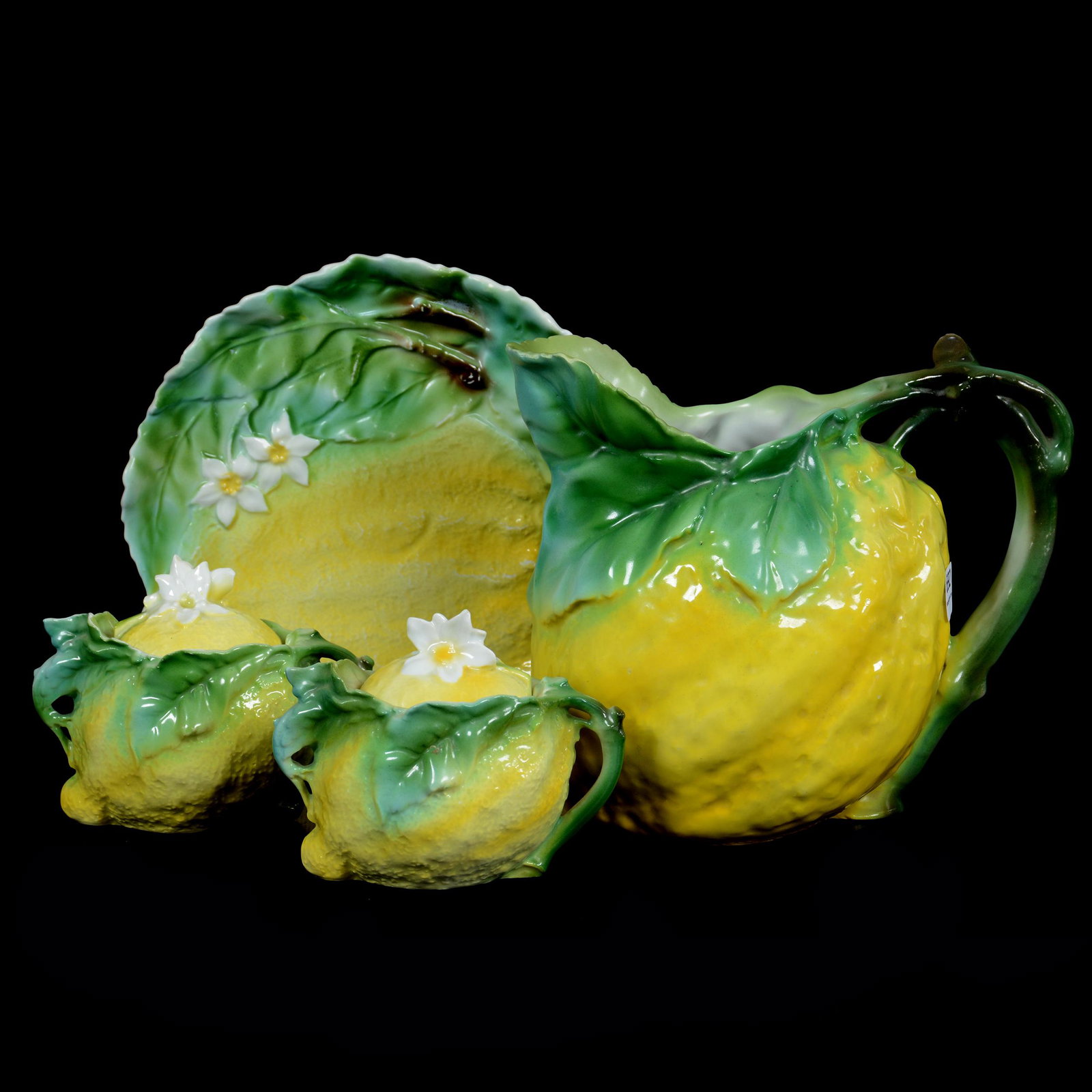 (4) Marked Royal Bayreuth Lemon Items: (4) Marked Royal Bayreuth Lemon Items, Blue Mark, (1) 6.75" Water Pitcher, (1) 7.25" Plate, (2) 3.5" Covered Sugar Bowls, Private Midwest Collection