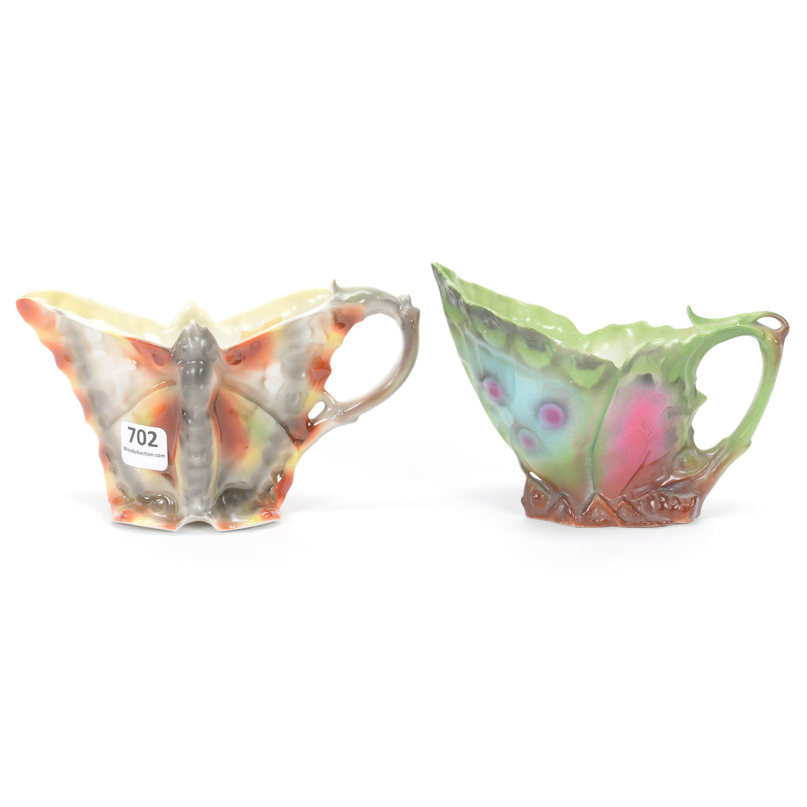 (2) Creamers Royal Bayreuth Butterfly: (2) Creamers Royal Bayreuth Butterfly, (1) 4" Perched Butterfly, Unmarked, Cracked, (1) 3.75" Open Wing, Blue Mark, Private Midwest Collection