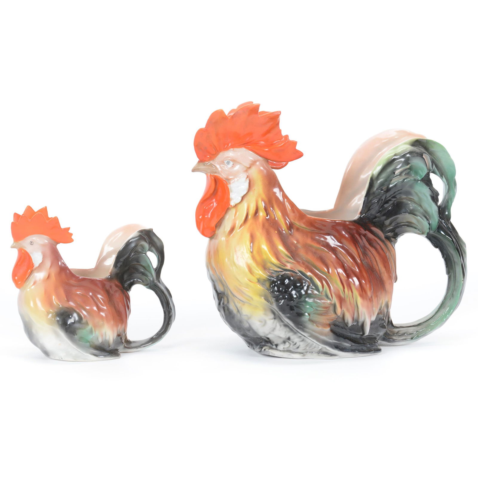 (2) Pitchers Marked Royal Bayreuth Rooster: (2) Pitchers Marked Royal Bayreuth Rooster, Blue Mark, (1) 7.5" Water Pitcher, (1) 4.25" Creamer, Both Are Yellow, Brown, Black And Green Tones, Private Midwest Collection