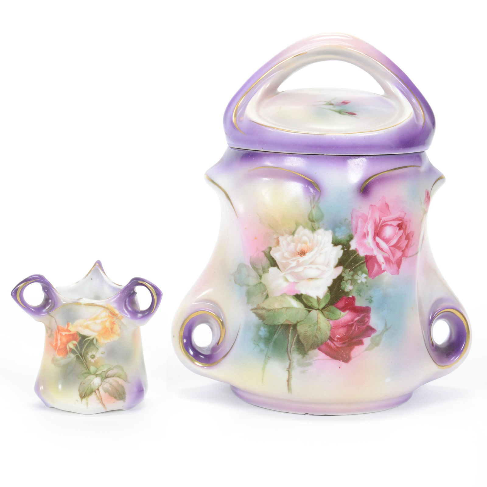 (2) Royal Bayreuth Rose Decor Items, Blue Mark: (2) Royal Bayreuth Rose Decor Items, Blue Mark, (1) 7.5" Humidor, Small Chip On Rim Of Base, (1) 2.75" Three Handled Toothpick Holder, Both Are Cream And Lavender Tones, Private Midwest Collection
