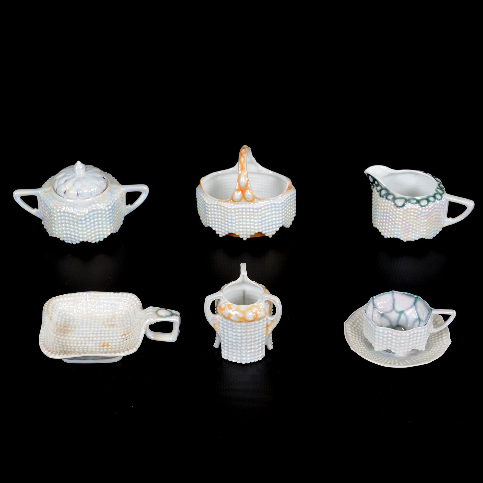 (6) Royal Bayreuth Oyster And Pearl Items, Blue Mark: (6) Royal Bayreuth Oyster And Pearl Items, Blue Mark, (1) 4" Basket, (1) 3.5" Covered Sugar, (1) 3" Three Handled Toothpick Holder, (1) 2.75" Creamer, (1) 4" Handled Nappy, (1) Demitasse Cup And Sauce