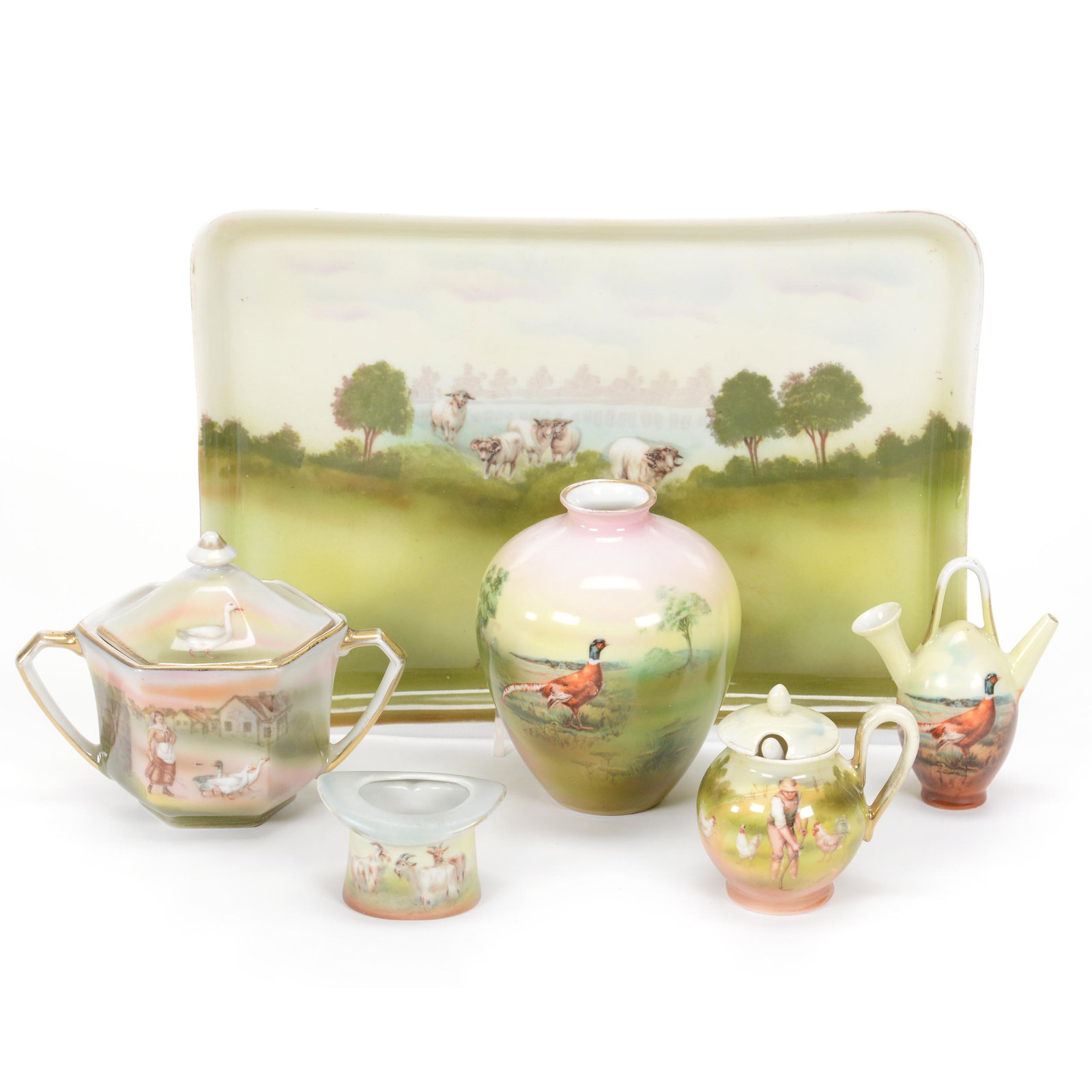 (6) Royal Bayreuth Scenic Items: (6) Royal Bayreuth Scenic Items, (1) 11" Dresser Tray, Blue Mark, Sheep, (1) 4.5" Vase, Pheasant, (1) 4" Covered Sugar, Goose Girl, (1) 3.75" Miniature Jug, Pheasant, Crack And Chip (1) 3" Mustard Jar