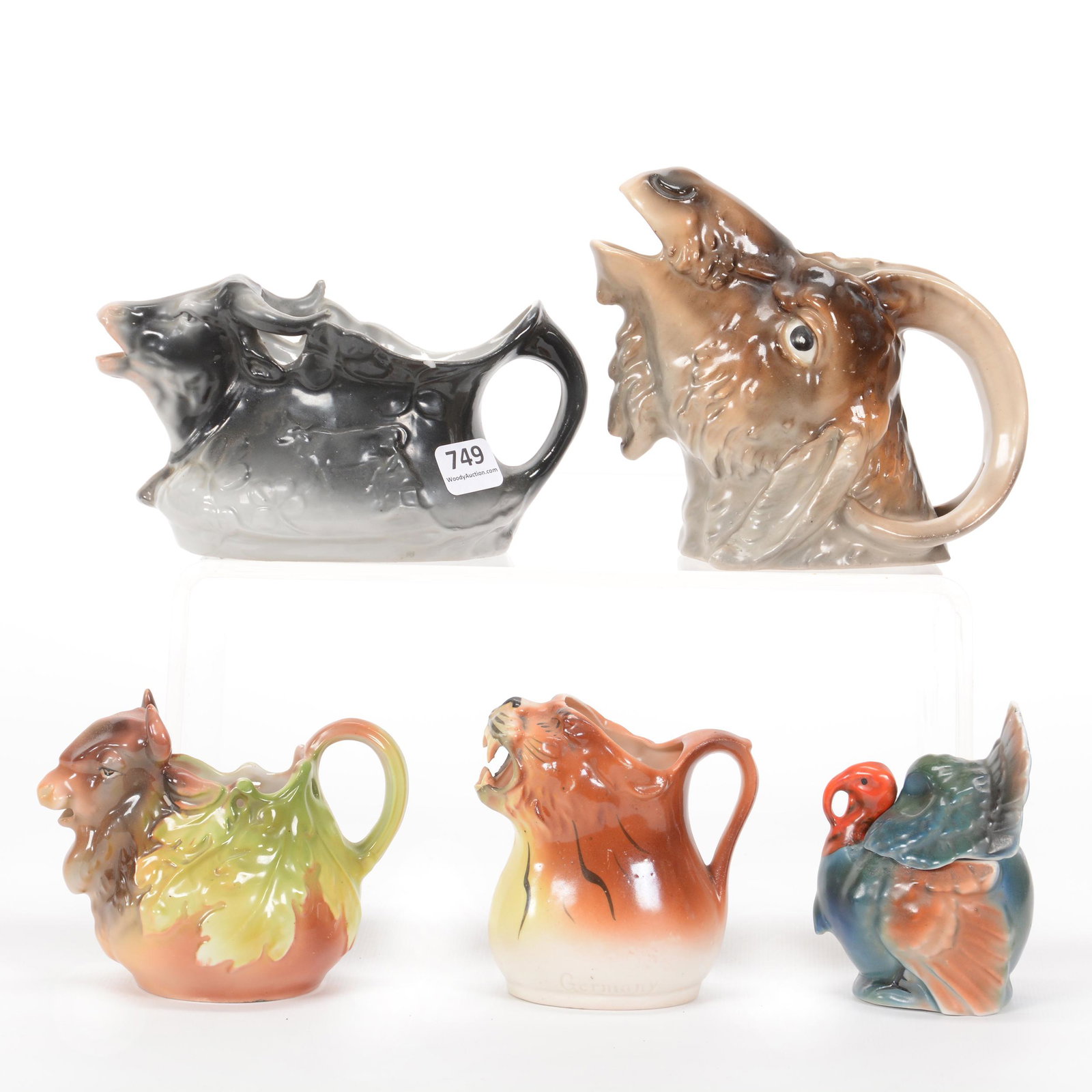 (5) Royal Bayreuth Style Figural Animal Items: (5) Royal Bayreuth Style Figural Animal Items, (1) 5.5" Milk Pitcher, Mountain Goat, Unmarked, (1) 4" Creamer, Tiger, Unmarked, (1) 3.75" Mustard Jar, Turkey, Unmarked, (1) 3.75" Bison, Marked Germany