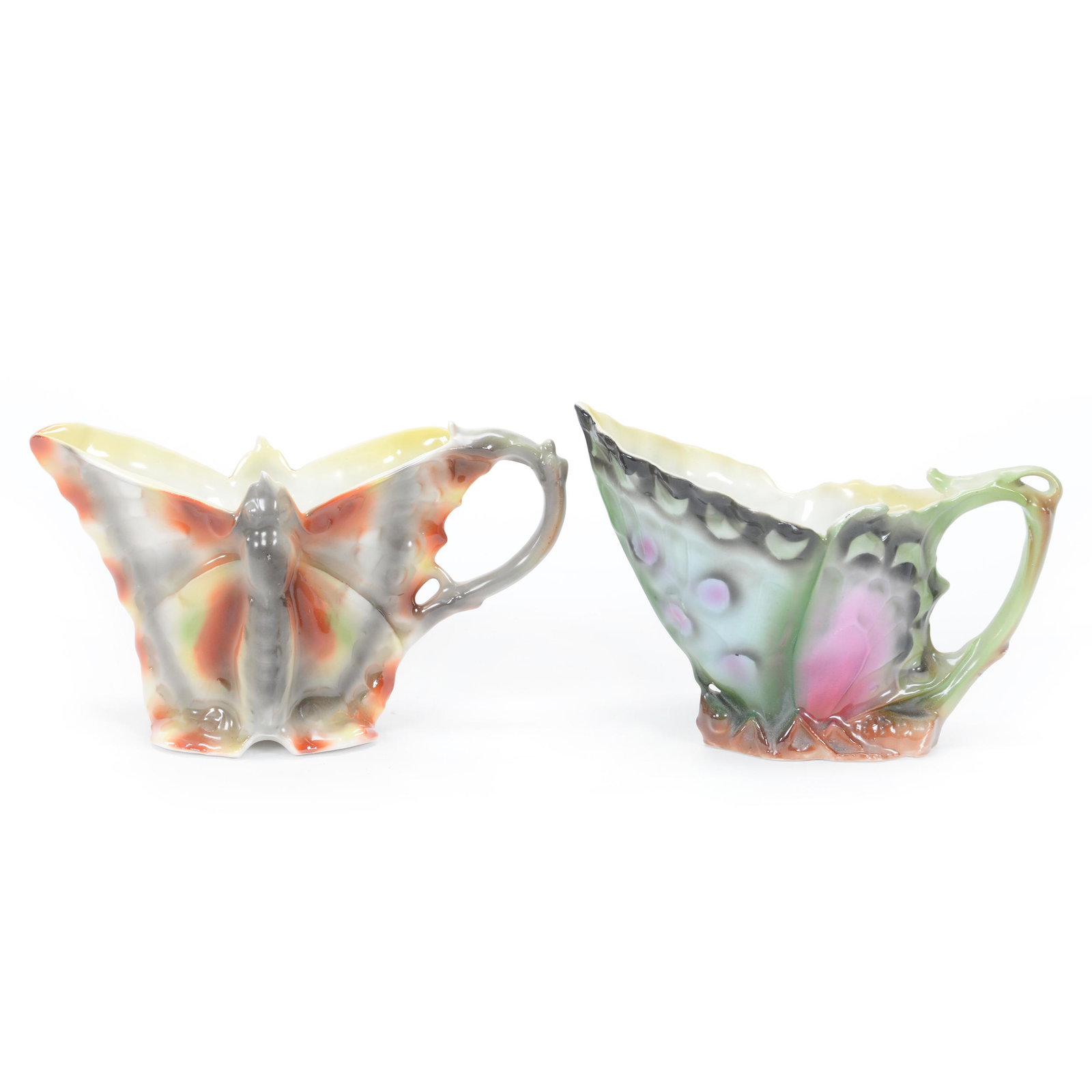 (2) Creamers Marked Royal Bayreuth: (2) Creamers Marked Royal Bayreuth, (1) 4" Perched Butterfly, Blue Mark, (1) 3.75" Open Wing Butterfly, Blue Mark, Private Midwest Collection