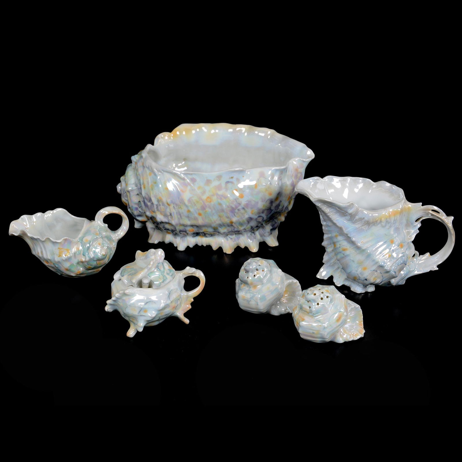 (6) Royal Bayreuth Shell Items, Lustre Finish: (6) Royal Bayreuth Shell Items, Lustre Finish, (1) 4.25" X 9" Salad Bowl, Blue Mark, (1) 4.5" Milk Pitcher, Unmarked, (1) 3.5" Mustard Jar, Unmarked, (1) 2.75" Creamer, Blue Mark, (2) 2.25" Salt & Pep