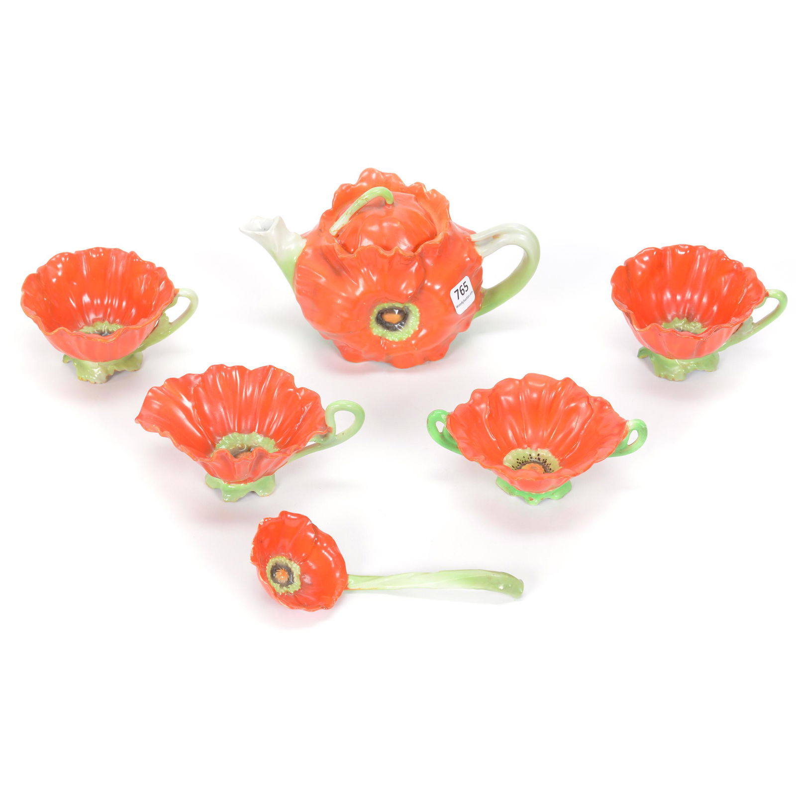 (6) Royal Bayreuth Red Poppy Items: (6) Royal Bayreuth Red Poppy Items, (1) 4.5" X 7.5" Tea Pot, Green Mark, (1) 6" Ladle, (1) 5" Open Sugar, (1) 5.25" Creamer, (2) 3.75" Cups, Private Midwest Collection