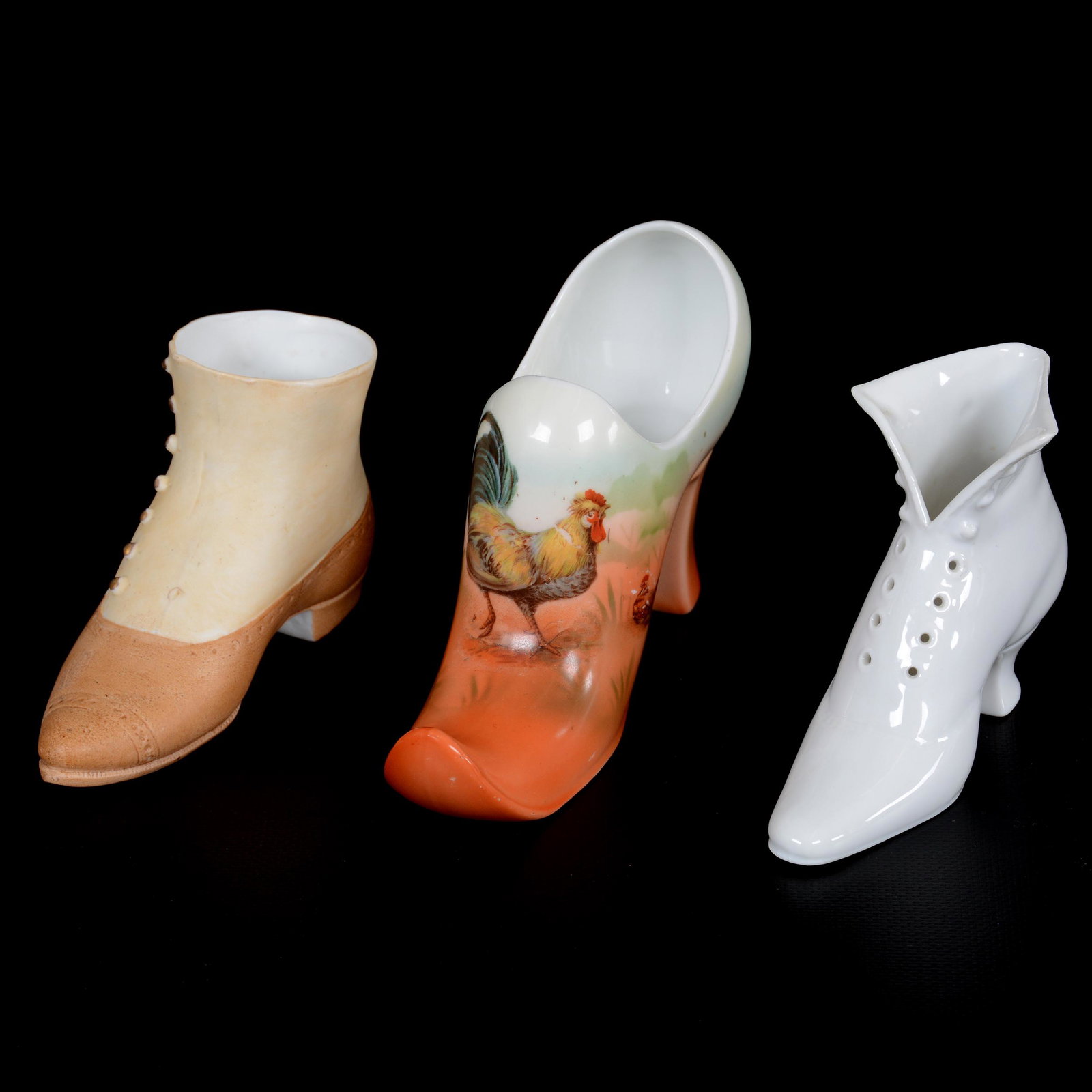 (3) Royal Bayreuth Style Shoes: (3) Royal Bayreuth Style Shoes, (1) 4" X 6.5" Rooster & Hen Decor, Unmarked, (1) 3.25" X 5" Brown Shoe With Spat "Gangster" Shoe, (1) 3.5" X 4.75" Late Period Marked Lady's White Boot, Private Midwest