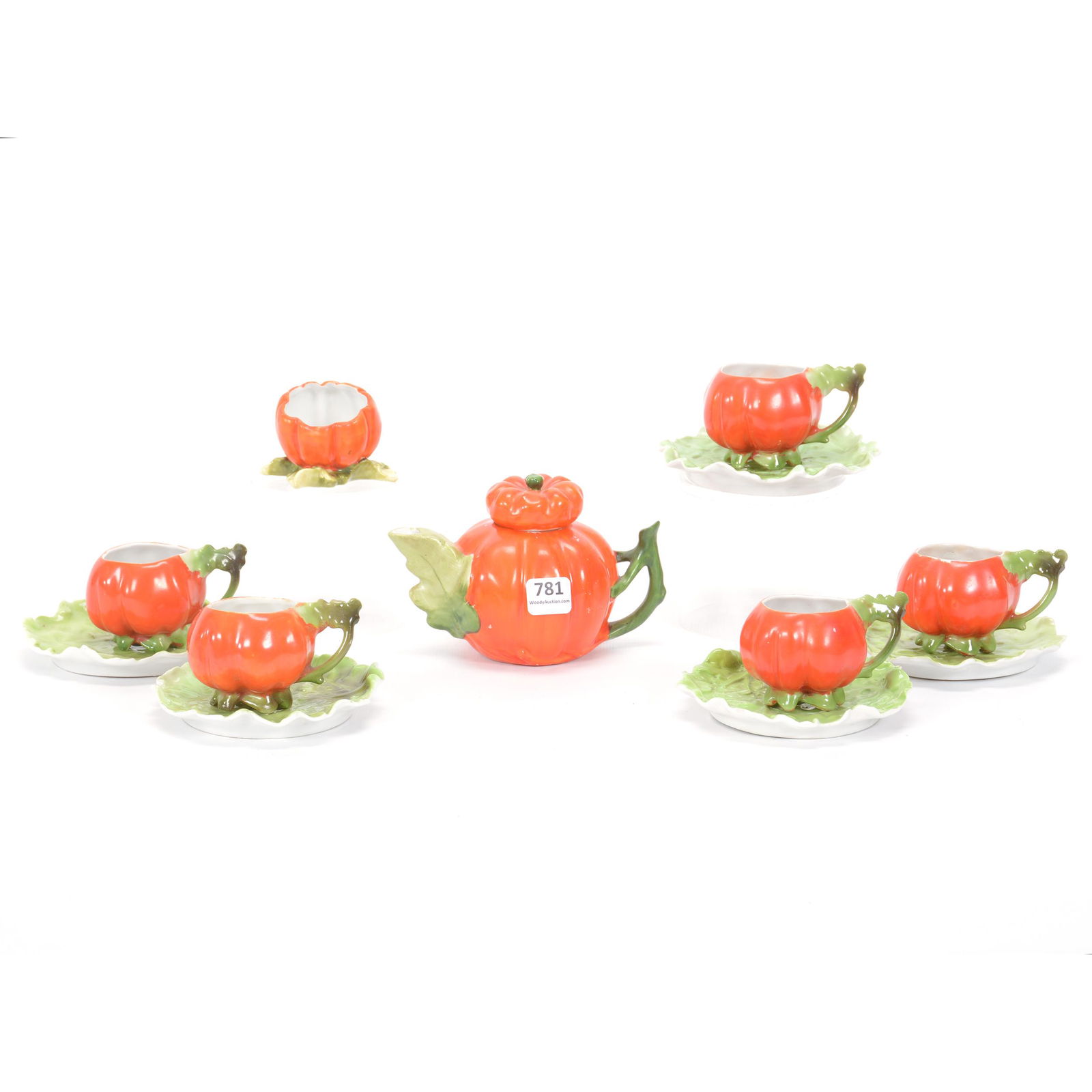 Tea Set, Unmarked Royal Bayreuth Tomato: Tea Set, Unmarked Royal Bayreuth Tomato, (1) 3.5" X 5.25" Tea Pot And (5) 2.25" X 4.25" Demitasse Cups And Saucers, (1) 2" Toothpick Holder, Private Midwest Collection