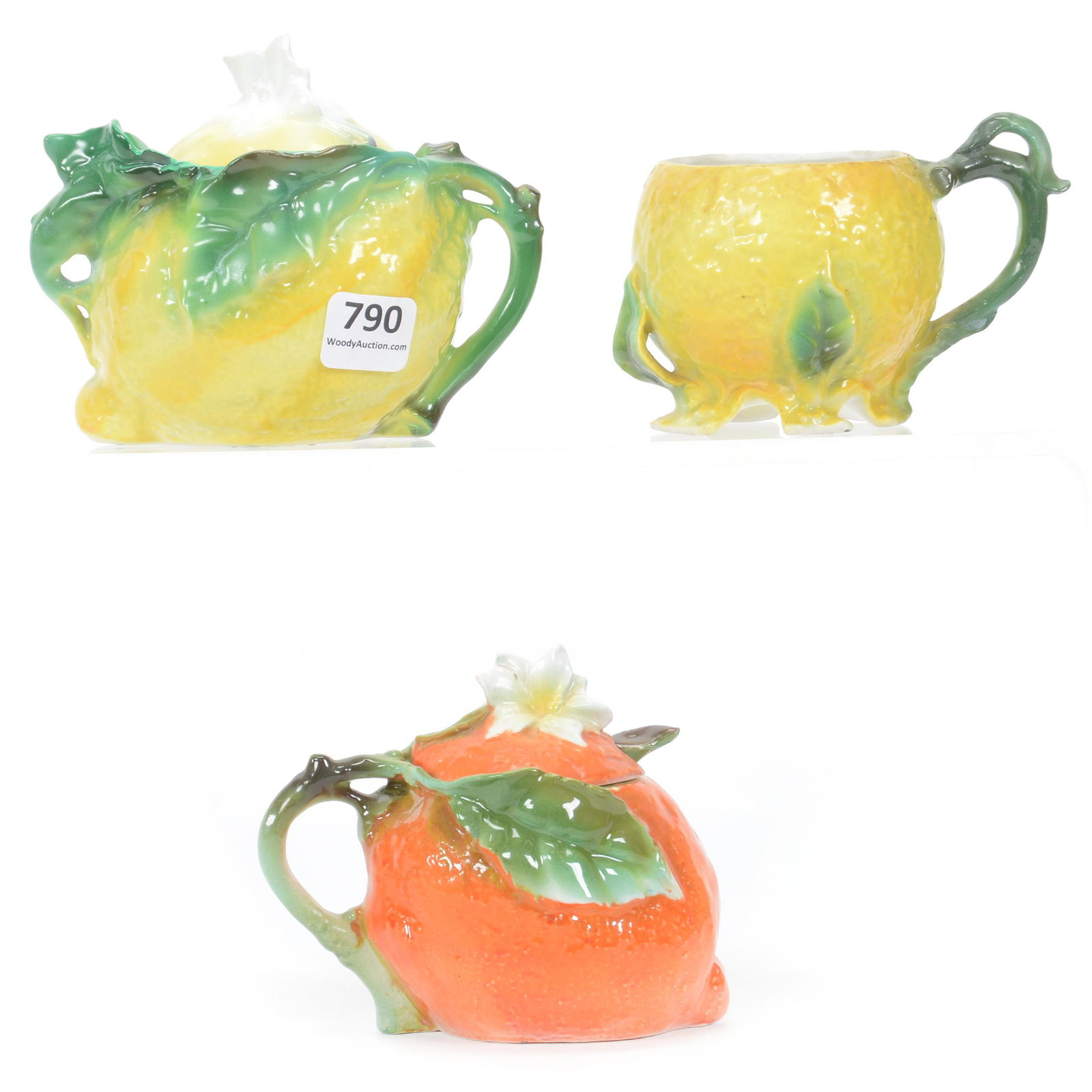 (3) Royal Bayreuth Blue Mark Items, Novelty: (3) Royal Bayreuth Blue Mark Items, Novelty, (1) 3.5" Original Lemon Sugar Bowl, Yellow, (1) 3.5" Mustard Jar, Lemon Mold, Orange Color, (1) 2.75" Mustard Jar, No Lid, Orange Mold, Yellow Color, Priva