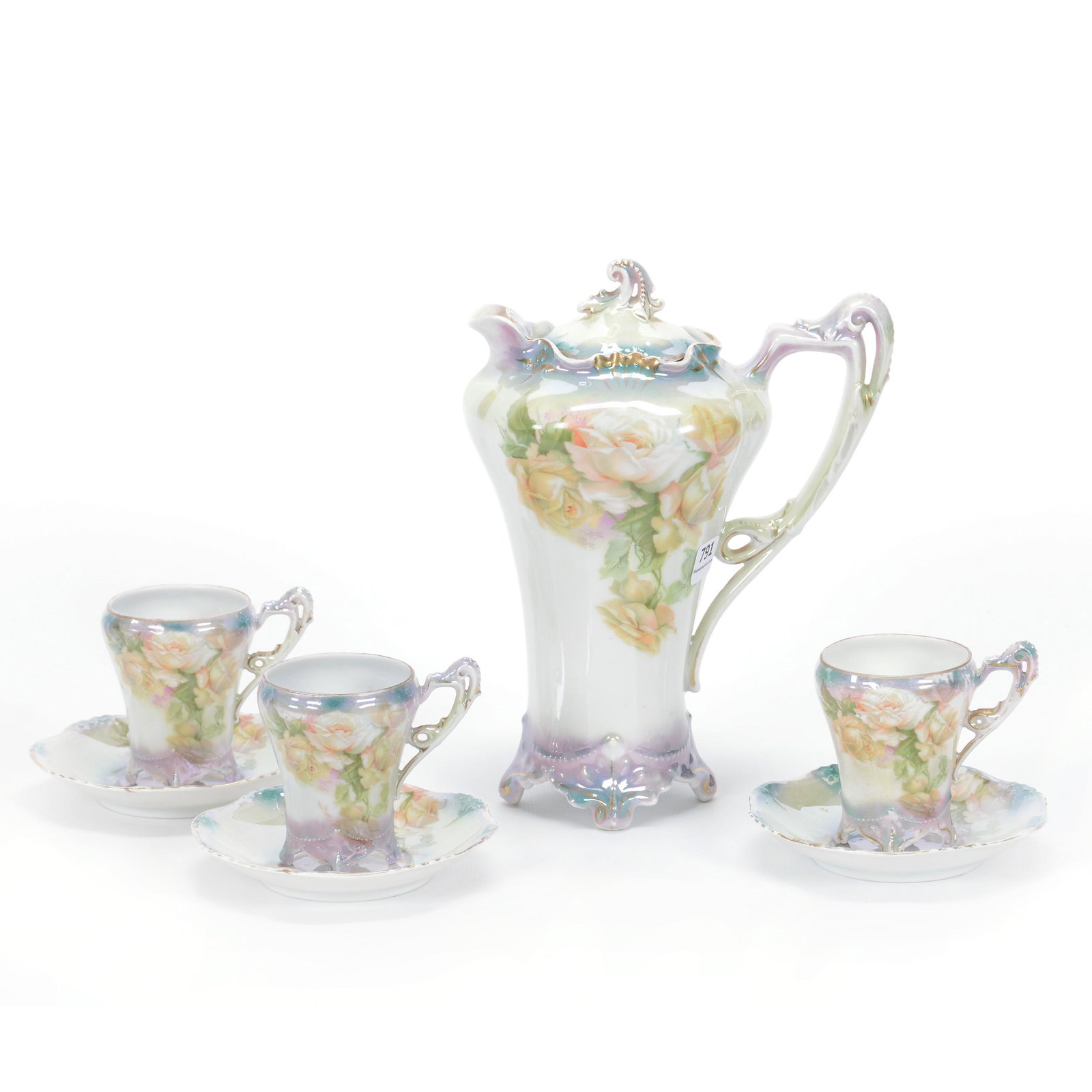 Chocolate Set, Royal Bayreuth Blue Mark, Rose Decor: Chocolate Set, Royal Bayreuth Blue Mark, Rose Decor, (1) 9" Chocolate Pot, (3) Matching 3.5" X 4.5" Cups And Saucers, Green, White And Lavender Lustre Finish, Private Midwest Collection