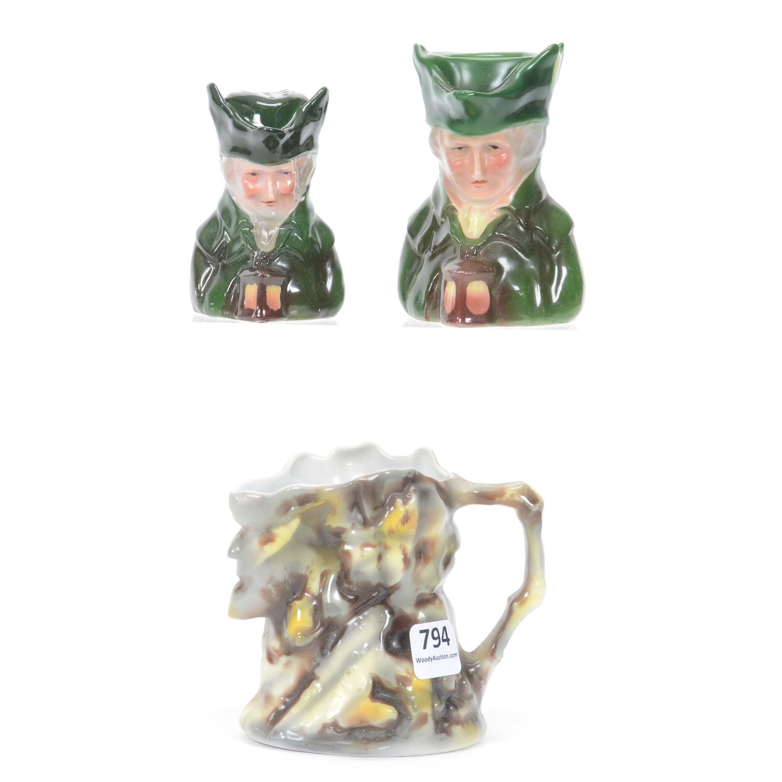 (3) Unmarked Royal Bayreuth Items: (3) Unmarked Royal Bayreuth Items, (1) 3.5" Old Man In Mountain Creamer, (1) 3.5" Lamplighter Toothpick Holder, (1) 3" Lamplighter Salt Shaker, Private Midwest Collection