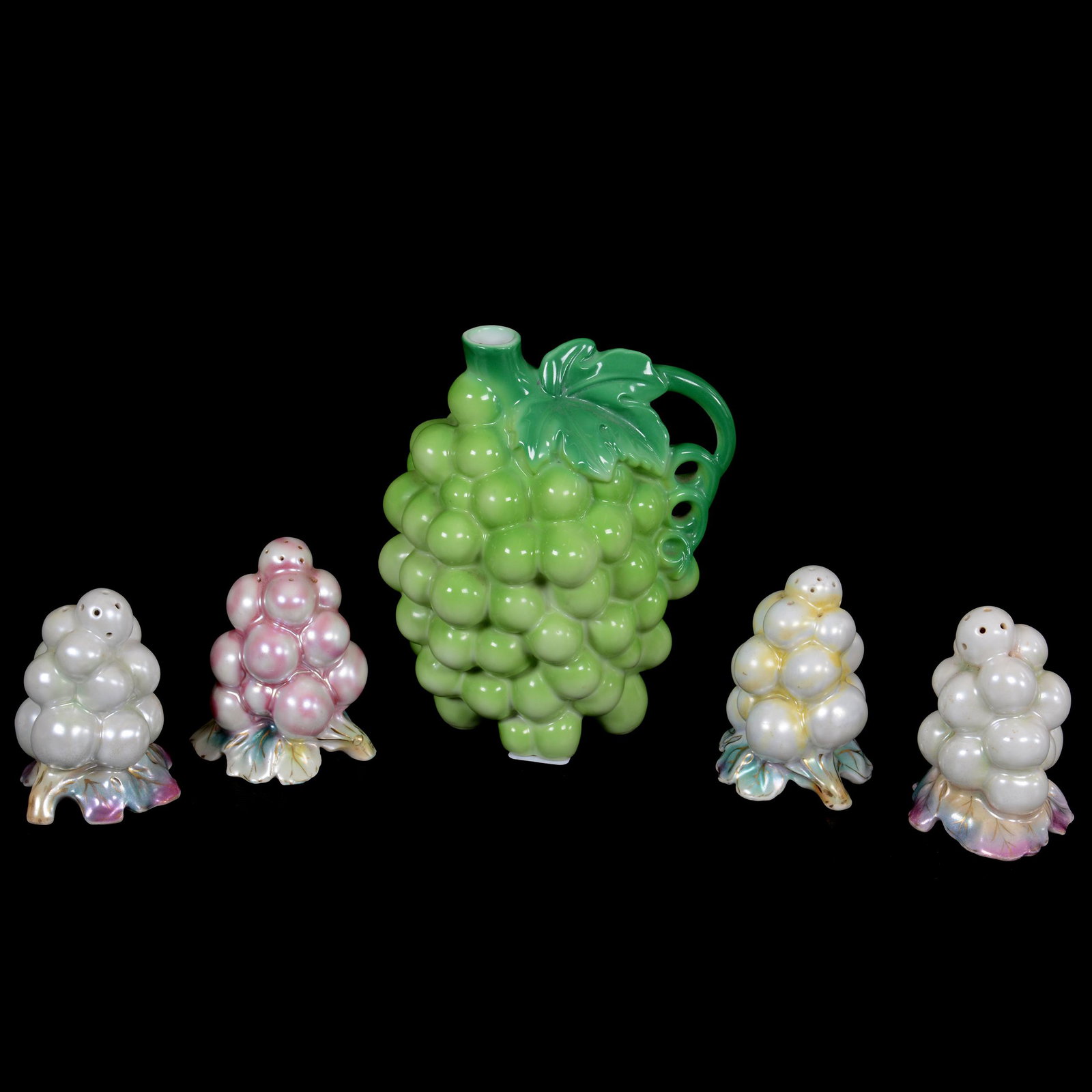 (5) Royal Bayreuth Grape Items: (5) Royal Bayreuth Grape Items, (1) 6.25" Decanter, Green, No Stopper, Unmarked, (4) 3.25" Salt & Pepper Shakers, Mixture Of White, Yellow And Lavender Satin Finish, Private Midwest Collection