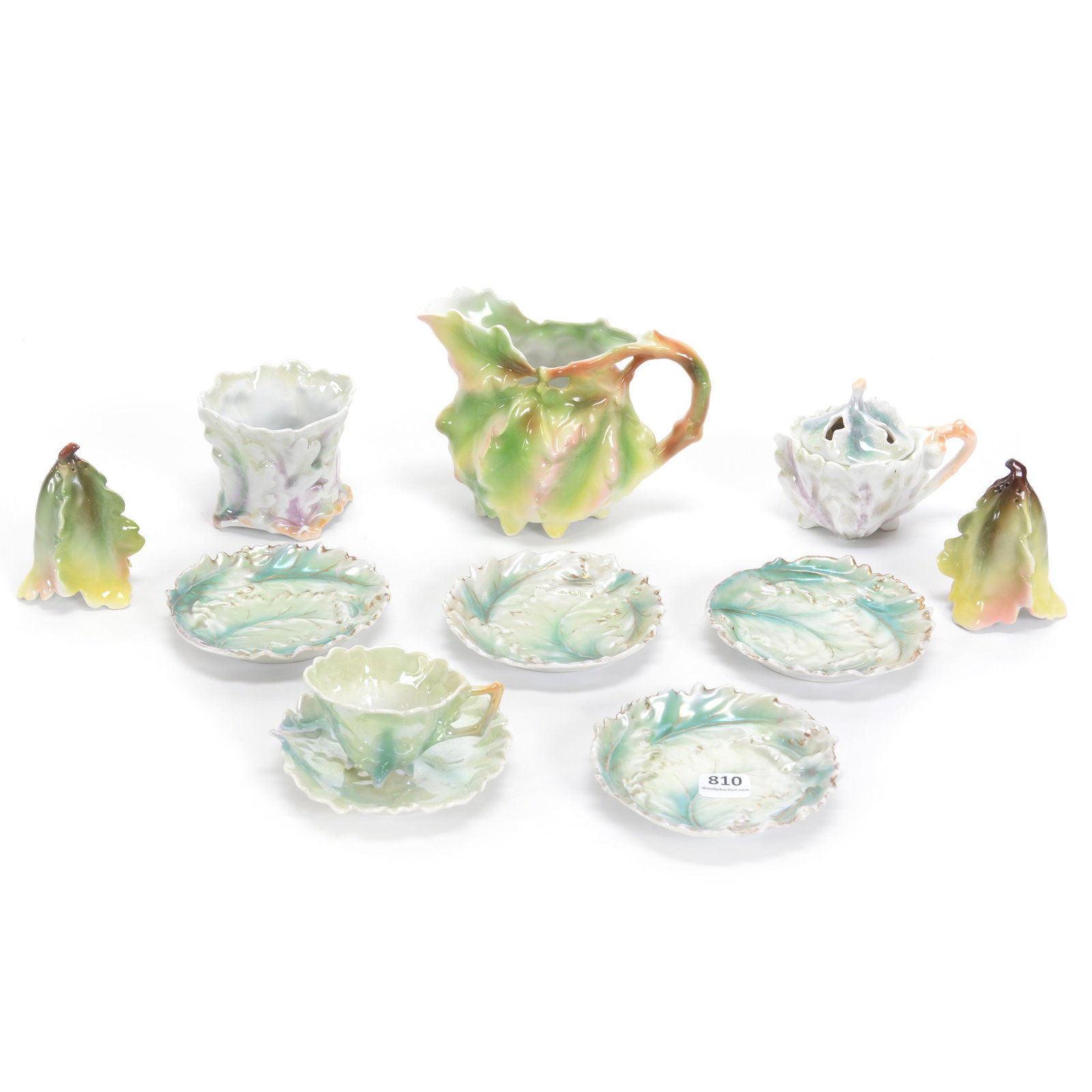 (10) Royal Bayreuth Oak Leaf Items: (10) Royal Bayreuth Oak Leaf Items, (1) 4.75" Milk Pitcher, Blue Mark, (1) 3.25" Salt & Pepper Set, Unmarked, (1) 3.25" Mustard Jar, Unmarked, (1) 2.75" Vase, Blue Mark, (1) Demitasse Cup & Saucer, (4