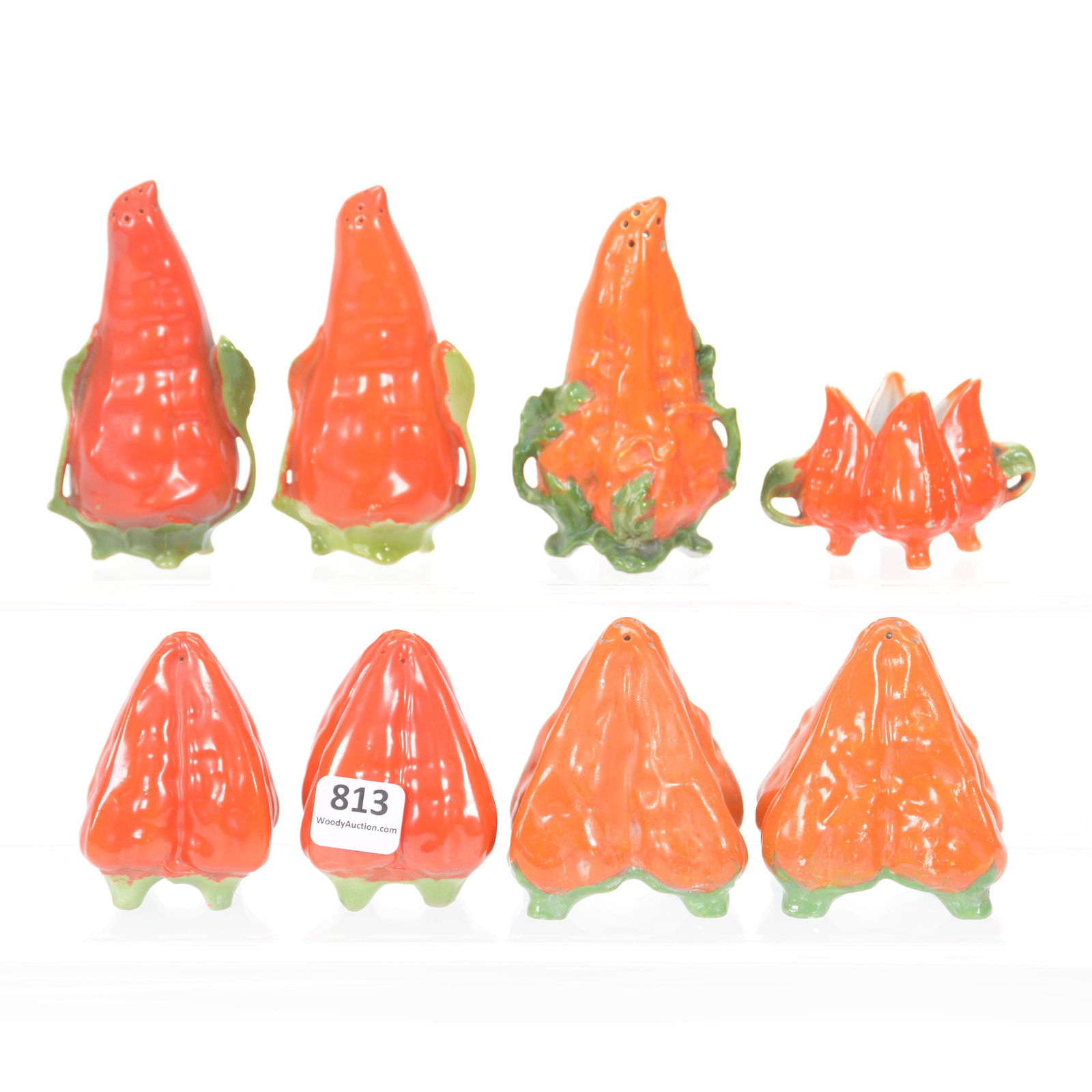 (8) Royal Bayreuth Chili Pepper Items: (8) Royal Bayreuth Chili Pepper Items, (1) 4" Chili Pepper Salt & Pepper Set, (1) 4" Single Shaker, Orange, (1) 2.75 Oversize Short, (1) 2.75" Pair Short, (1) 2" Toothpick Holder, Private Midwest Coll
