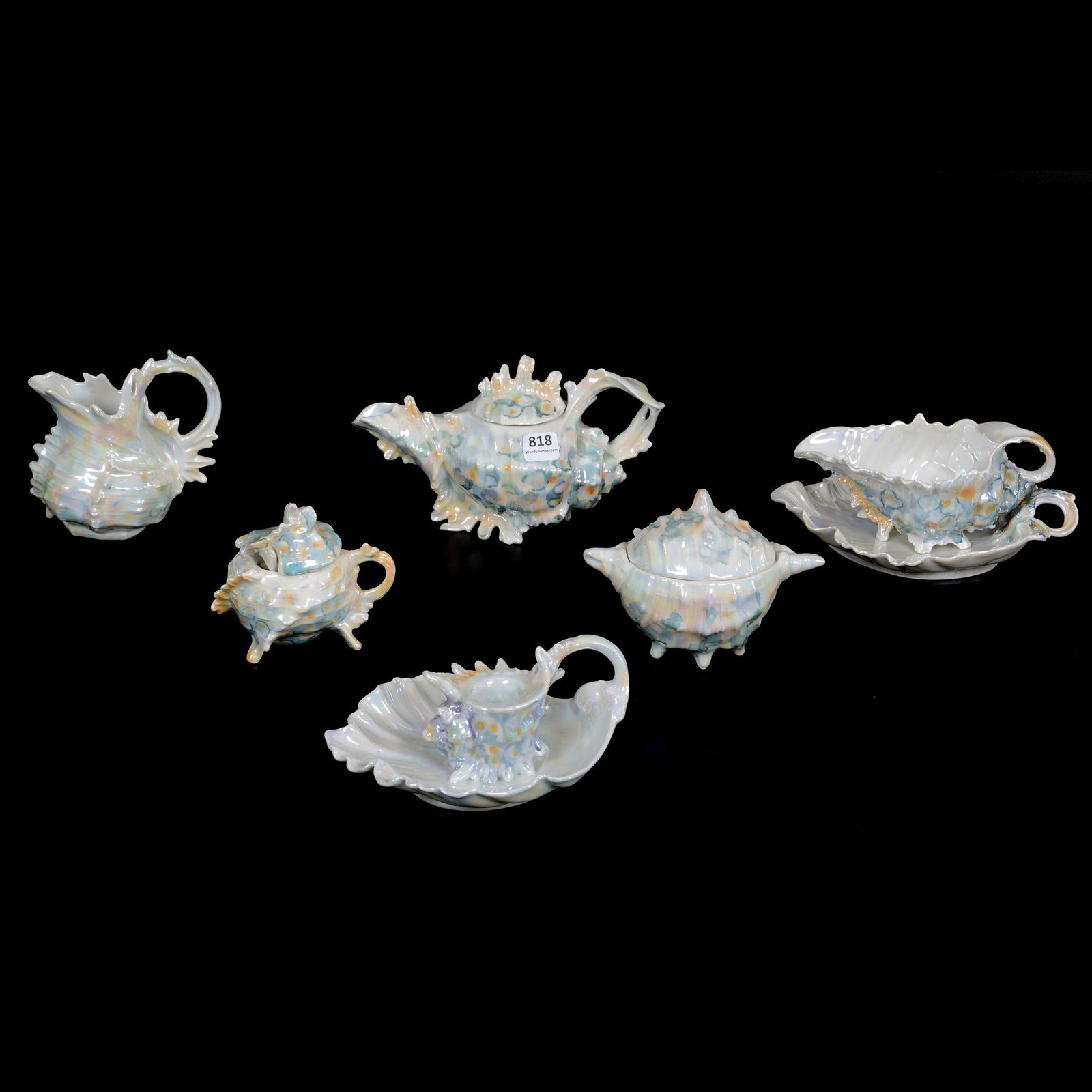 (6) Marked Royal Bayreuth Shell Items: (6) Marked Royal Bayreuth Shell Items, (1) 4.25" X 7.5" Tea Pot, (1) 4.5" Creamer, (1) 3.75" Covered Sugar, (1) 3.5" Mustard Jar, (1) 7" Gravy Boat With Underplate, (1) 6.25" Chamberstick, Private Mid