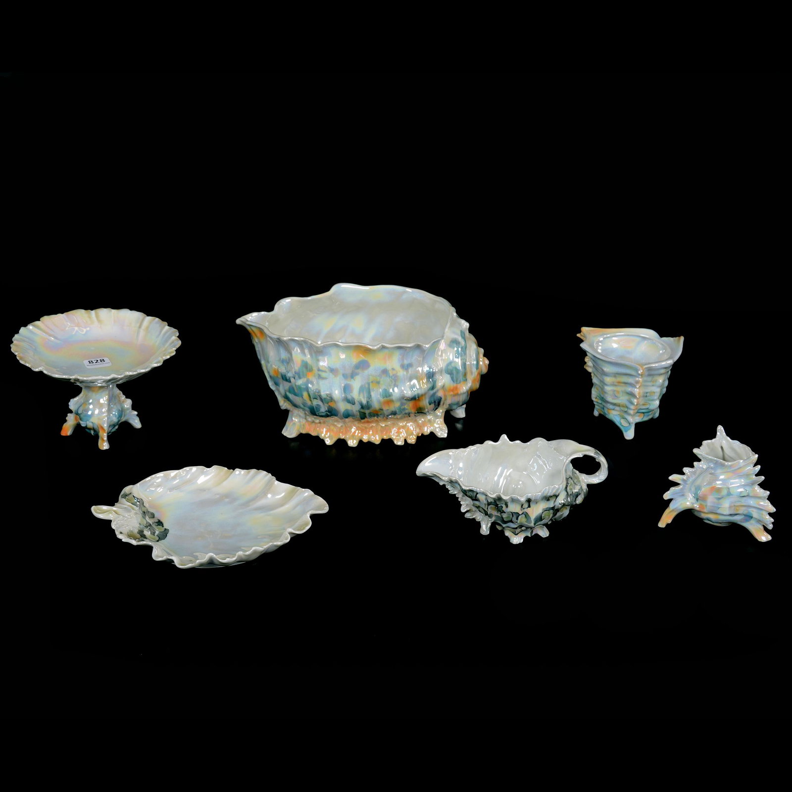 (5) Royal Bayreuth Shell Items: (5) Royal Bayreuth Shell Items, (1) 4.25" X 8.5" Salad Bowl, Blue Mark, (1) 3.75" X 5.5" Compote, Unmarked, (1) 7" Gravy Boat With Underplate, Blue Mark, (1) 3.25" Vase, (1) 3" Toothpick Holder, Priva