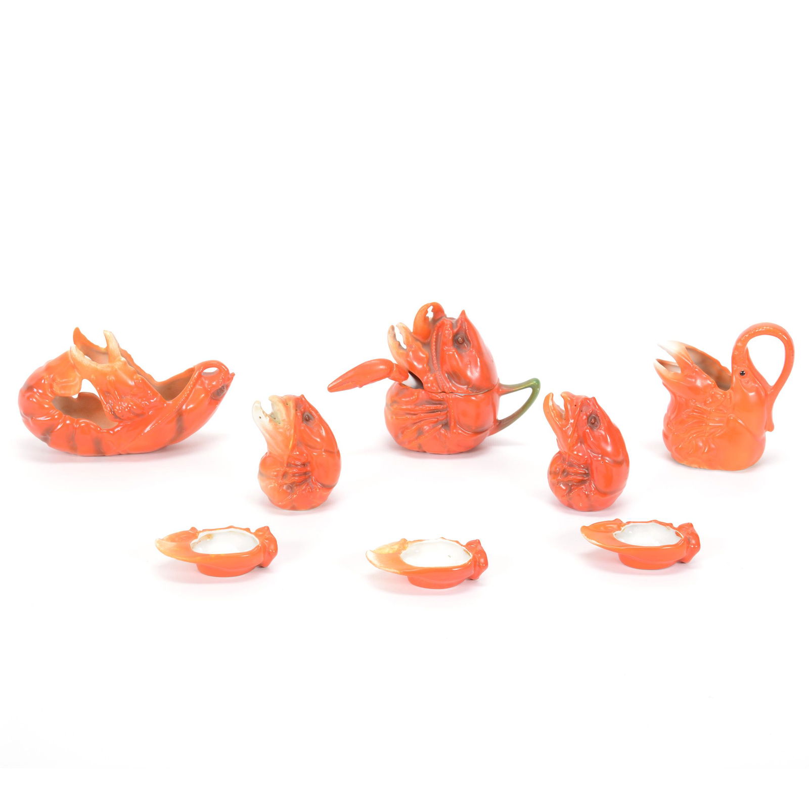(8) Royal Bayreuth Lobster Items: (8) Royal Bayreuth Lobster Items, Bayreuth And Bayreuth Style, (1) 4" Mustard Jar With Oversize Spoon, Blue Mark, (1) 4" Creamer, Unknown Mold, (1) 3.25" X 5.5" Candy Dish, (1) Pair 3" Salt & Pepper S