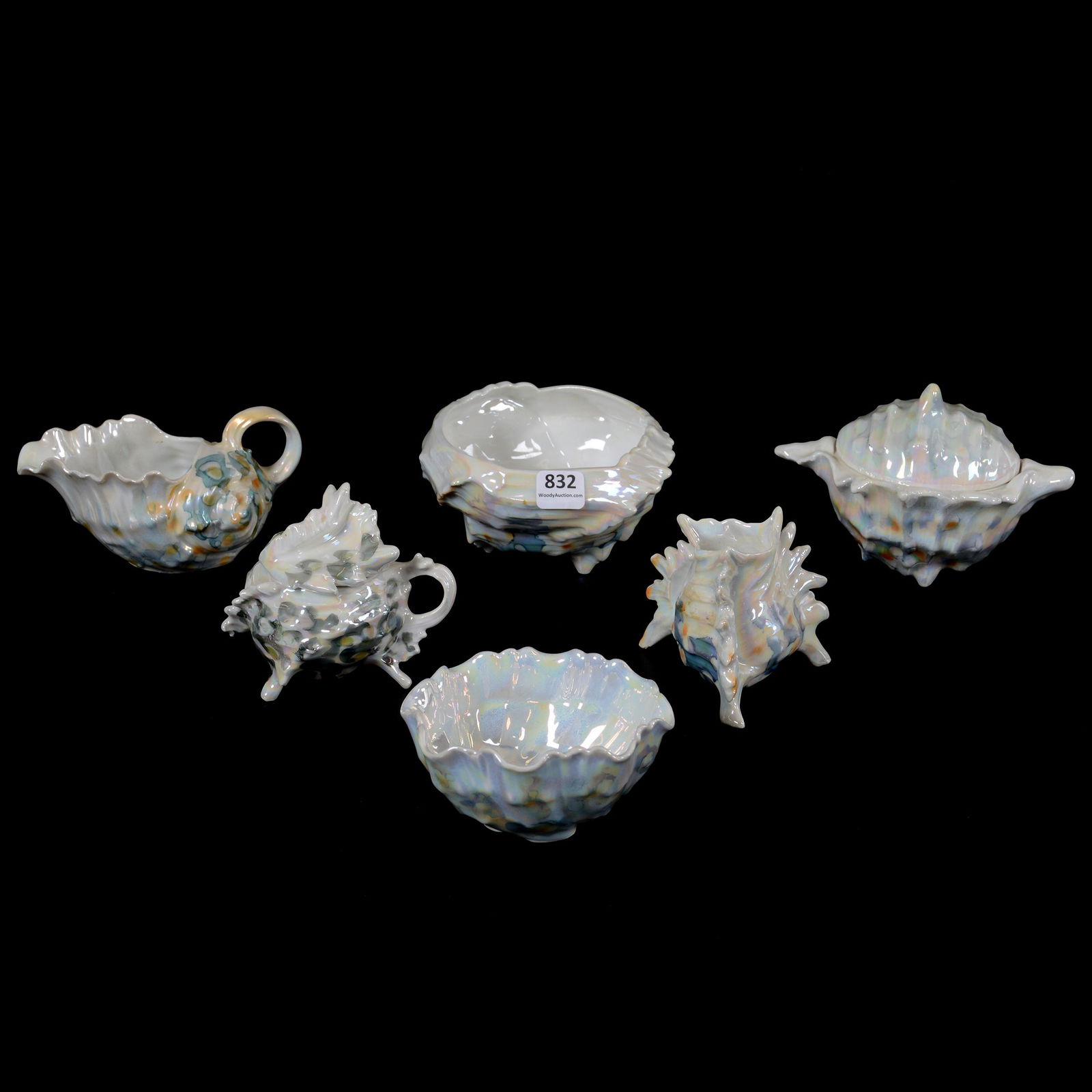 (6) Royal Bayreuth Shell Items: (6) Royal Bayreuth Shell Items, (1) 3.5" Covered Sugar, (1) 3.25" Mustard Jar, (1) 3" Toothpick Holder, (1) 4.5" Bowl, (1) 4.25" Bowl, (1) 2.75" Creamer, Private Midwest Collection