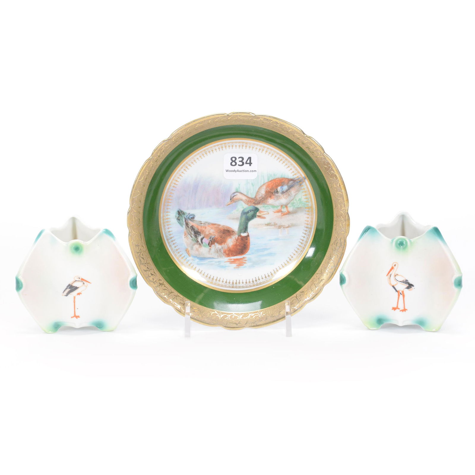 (3) Royal Bayreuth Scenic Items, Blue Mark: (3) Royal Bayreuth Scenic Items, Blue Mark, (1) 5.75" Berry Bowl, Green & Brocade Border With Ducks In Center, (2) 2.75" Three Sided Toothpick Holders, Stork Decor, Private Midwest Collection