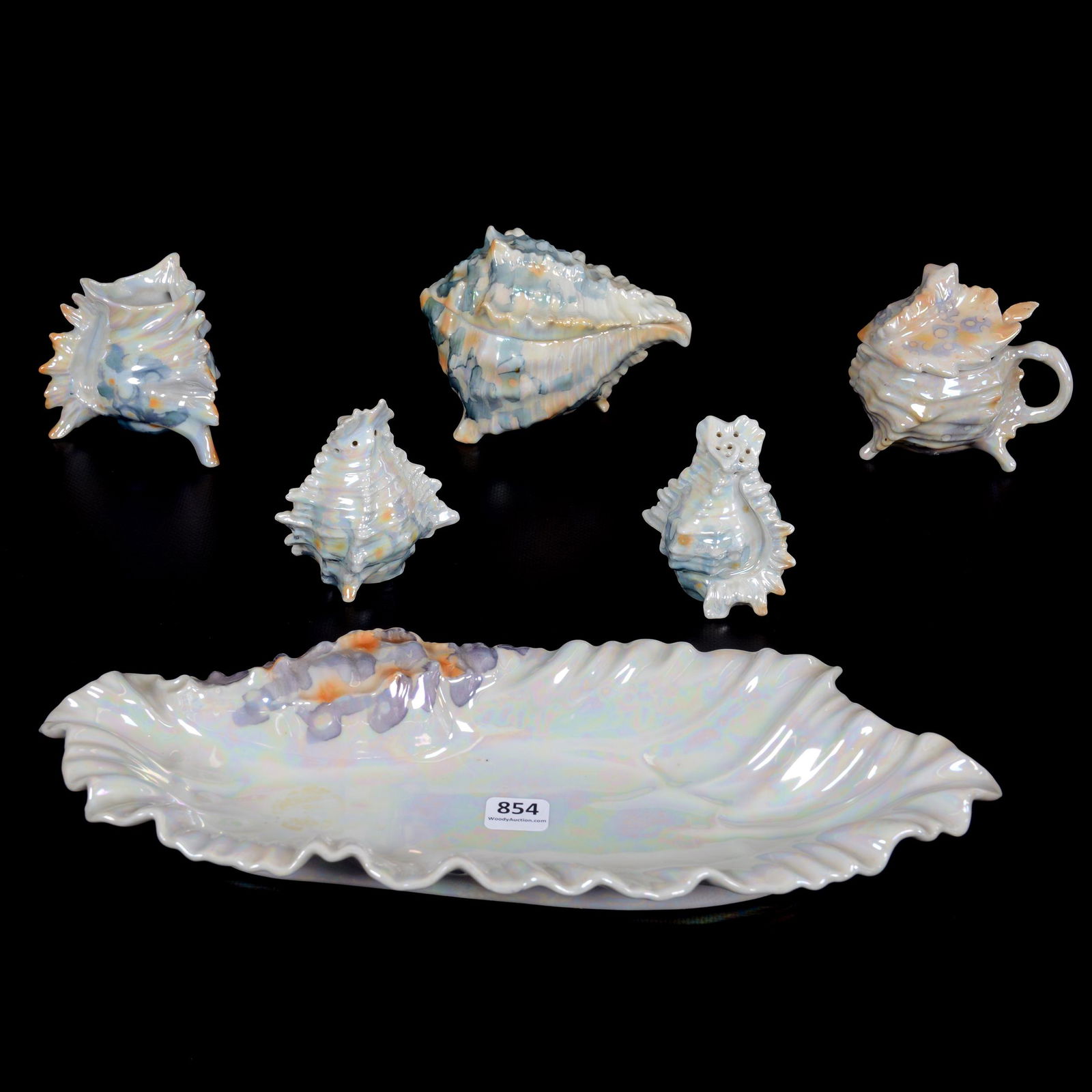 (6) Royal Bayreuth Shell Items, Lustre Finish: (6) Royal Bayreuth Shell Items, Lustre Finish, (1) 13" Celery Tray, Unmarked, (1) 3.75" Covered Sugar, Green Mark, (1) 3.25" Mustard Jar, (1) 3" Toothpick Holder, (1) Pair 3" Salt & Pepper Shakers, Pr