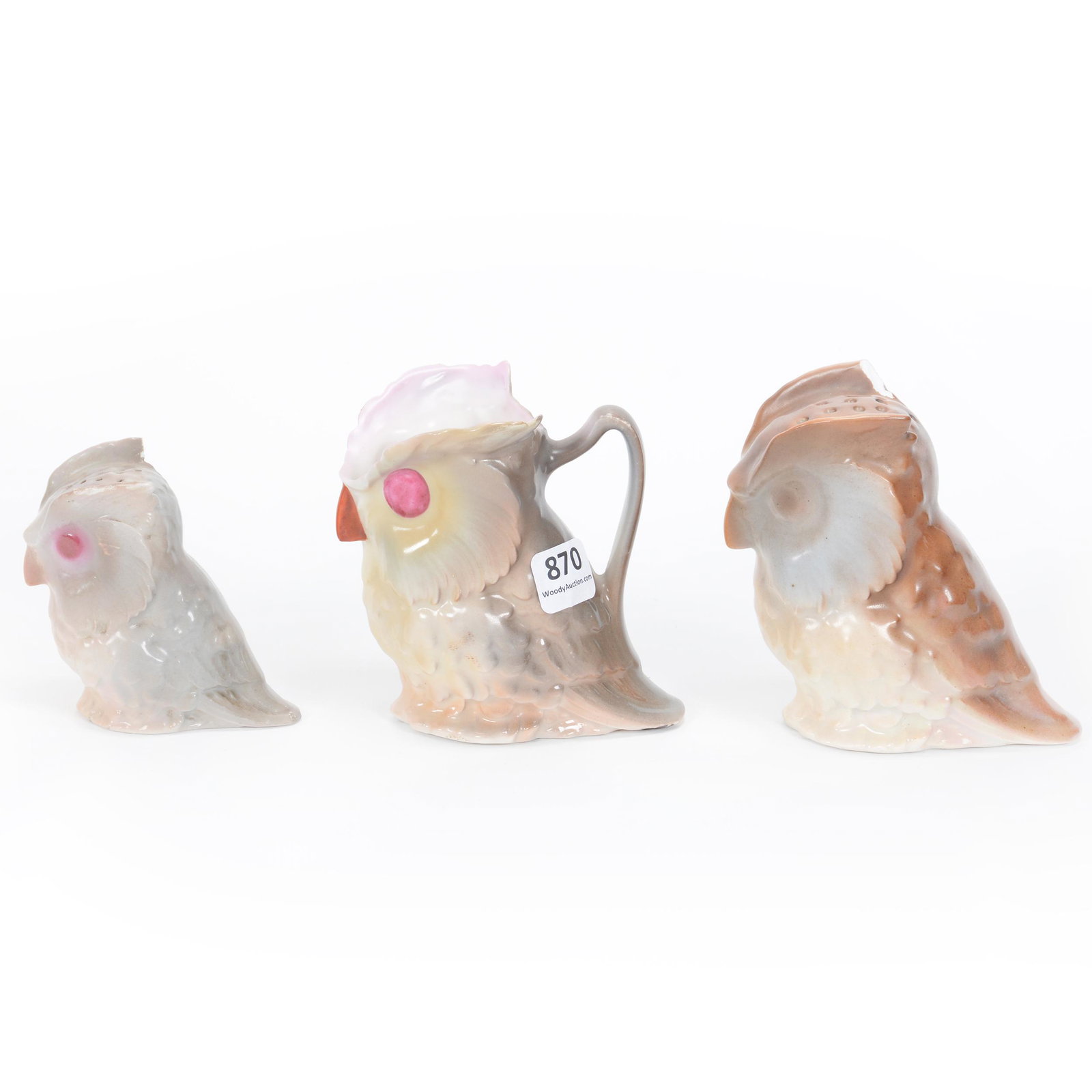 (3) Damaged Or Repaired Royal Bayreuth Items: (3) Damaged Or Repaired Royal Bayreuth Items, Owl, (1) 4" Creamer, Rim Repair, (1) 4" Hatpin Holder, Sizeable Chip On Head, Broken Piece Taped, Ready For Repair, (1) 3" Salt Shaker, Chip On Owl's Ear,