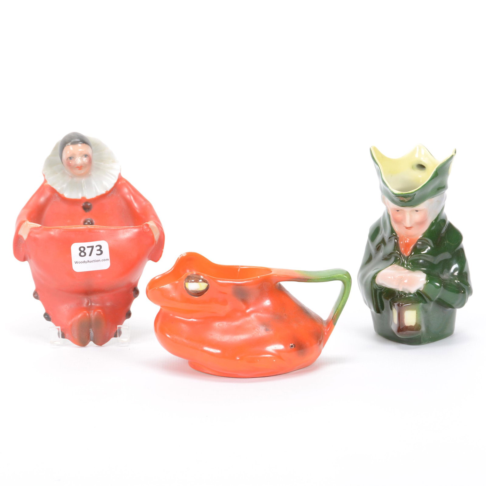 (3) Damaged Or Repaired Royal Bayreuth Items: (3) Damaged Or Repaired Royal Bayreuth Items, (1) 5.25" Clown Wall Match Holder, Small Nick Near Thumb, (1) 4.75" Lamplighter Creamer, Spout Repair, (1) 2.5" Frog Creamer, Red, Small Nick On Rim, Priv