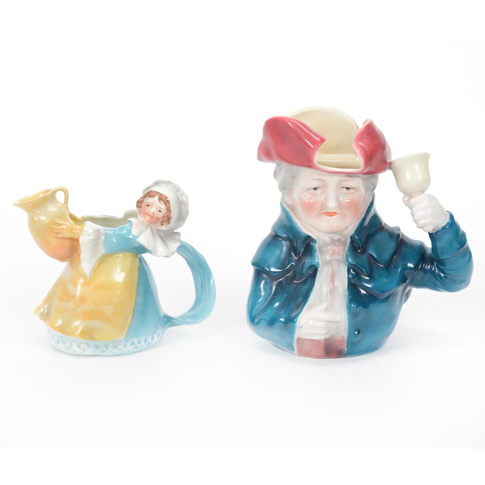 (2) Damaged Or Repaired Royal Bayreuth Items: (2) Damaged Or Repaired Royal Bayreuth Items, (1) 7.25" Bell Ringer Water Pitcher, Professional Spout Repair, (1) 5" Milk Maid Blue Dress Milk Pitcher, Restoration Has Discolored, Private Midwest Coll