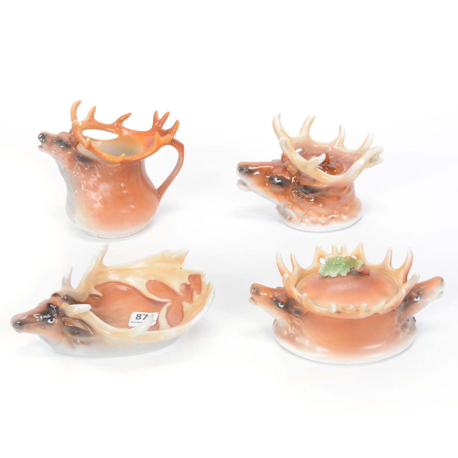 (4) Damaged Or Repaired Royal Bayreuth Items: (4) Damaged Or Repaired Royal Bayreuth Items, Elk, (1) 4.25" Creamer, Antler Repair, (1) 3.5" Inkwell, Possible Lid Replacement, (1) 5.75" Covered Sugar, Finial Chip, (1) 6" Ash Tray, Antler Repair, P