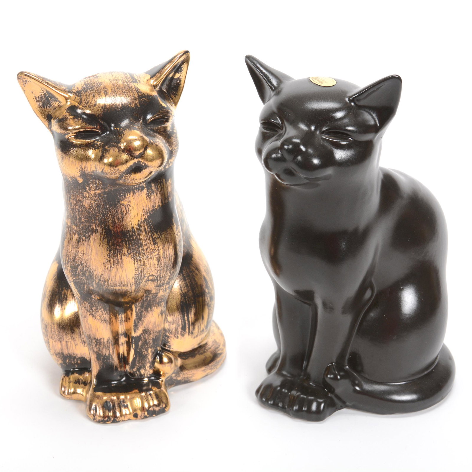 (2) Cat Figures, Unmarked Stangl Pottery: (2) Cat Figures, Unmarked Stangl Pottery, 8.75", (1) Black/Chocolate Brown, (1) Black/Gold, Private Midwest Collection
