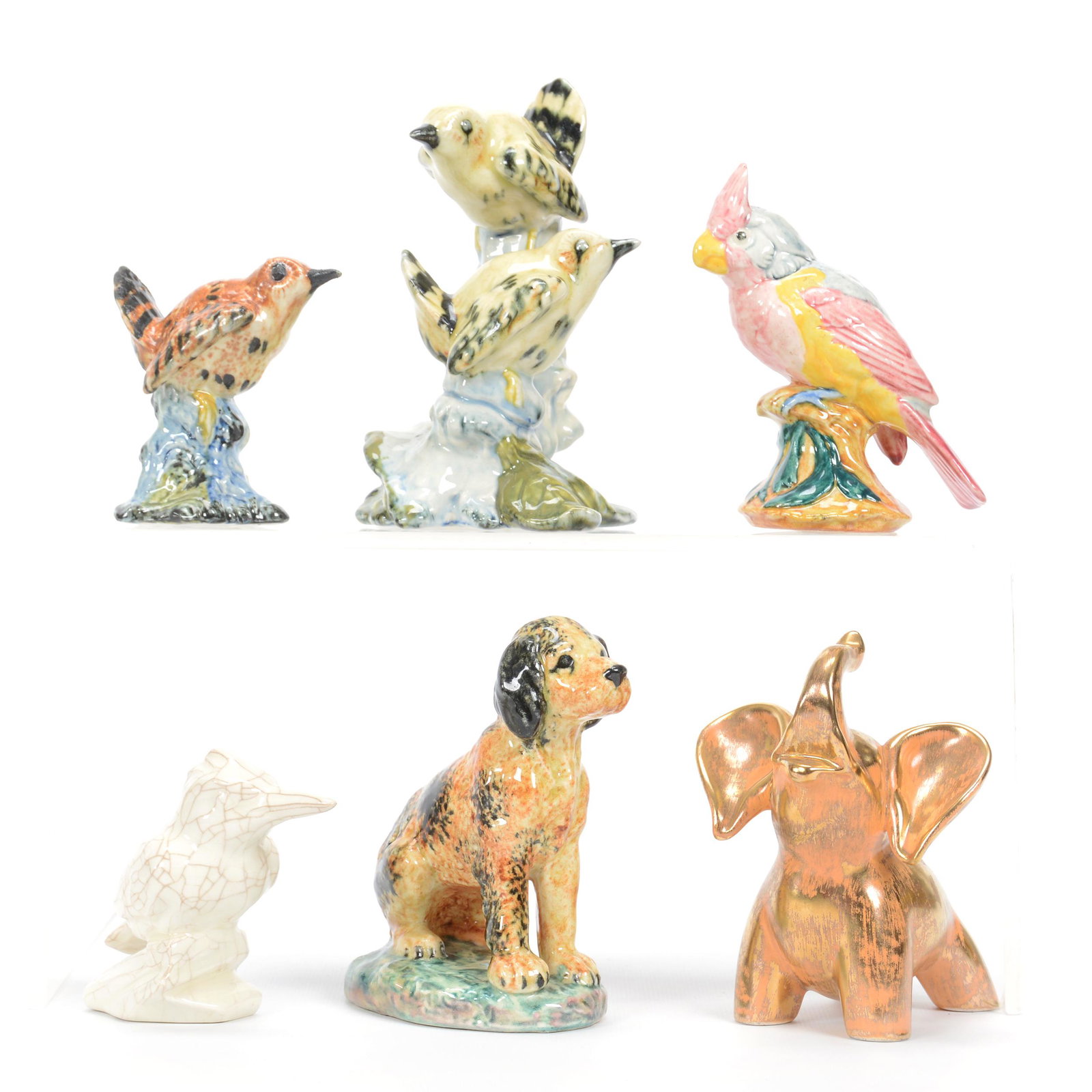 (6) Animal Figurines Marked Stangl Pottery: (6) Animal Figurines Marked Stangl Pottery, (1) 6.25", Double Wrens #3401-D, (1) 5.25" Dog #3280, (1) 5" Gray Cardinal #3596, (1) 5" Elephant #5281, 22k Gold, (1) 3.5" Wren #3401, (1) 3.75" Kingfisher