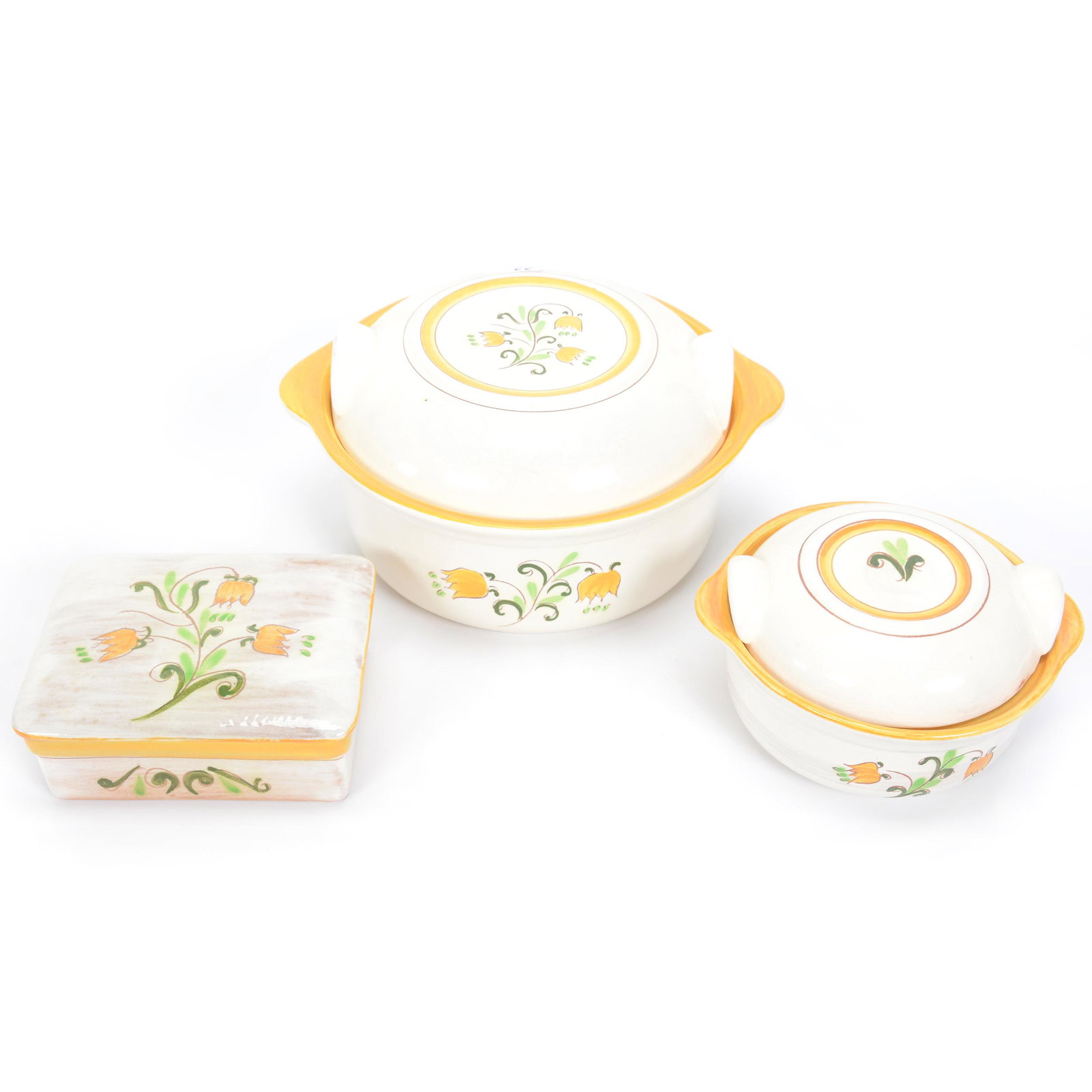 (3) Stangl Pottery Items, Tulip Pattern: (3) Stangl Pottery Items, Tulip Pattern, (1) 4.5" X 9.5" Covered Casserole, (1) 3" X 6.5" Individual Covered Casserole, (1) 2.5" X 5" Covered Box, Private Midwest Collection