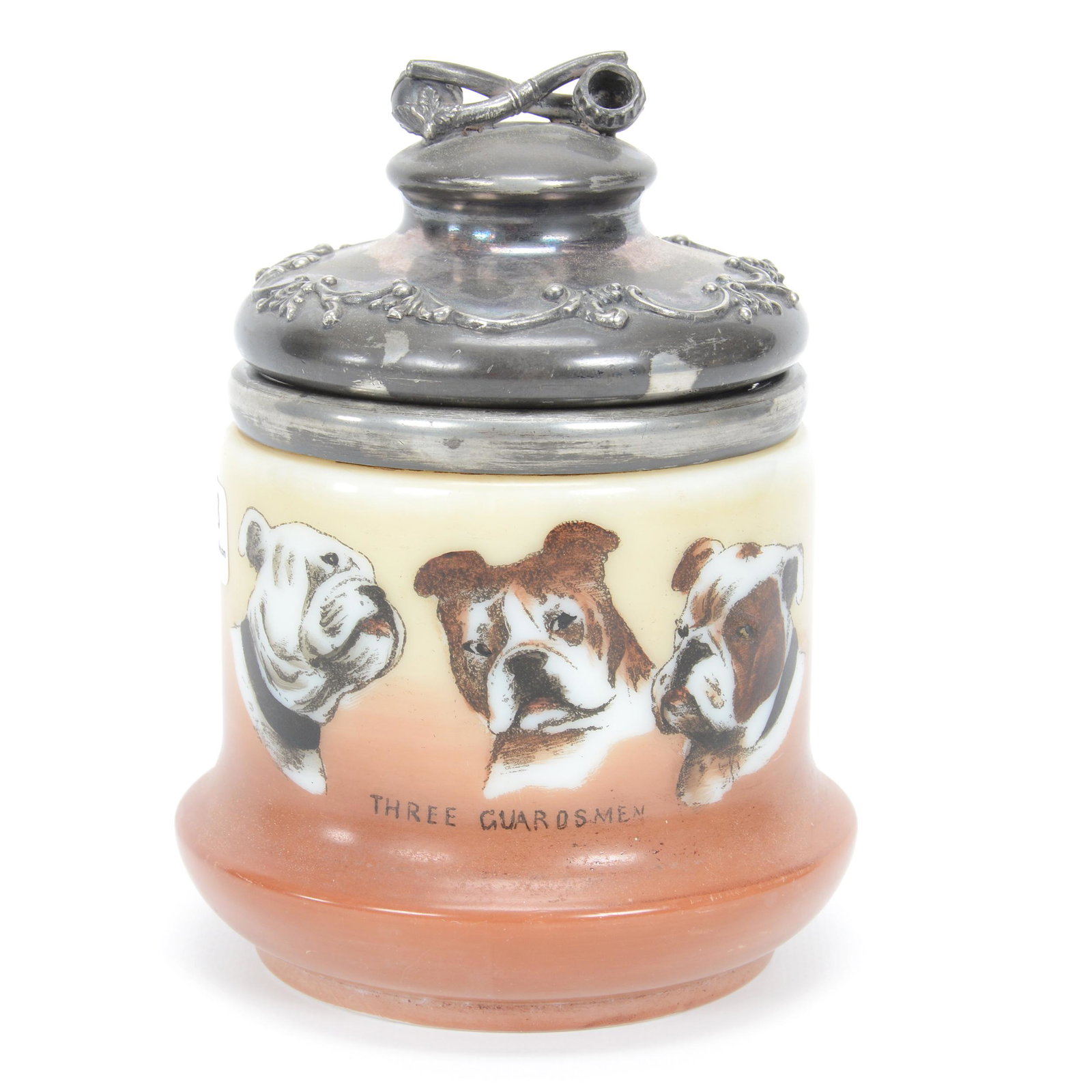 Humidor, Unmarked C.F. Monroe/Wave Crest Style: Humidor, Unmarked C.F. Monroe/Wave Crest Style, 6.5", Cream And Brown Tones With "Three Guardsmen" Bulldog Decor, Original Silverplate Lid With Pipe Finial, Private Midwest Collection