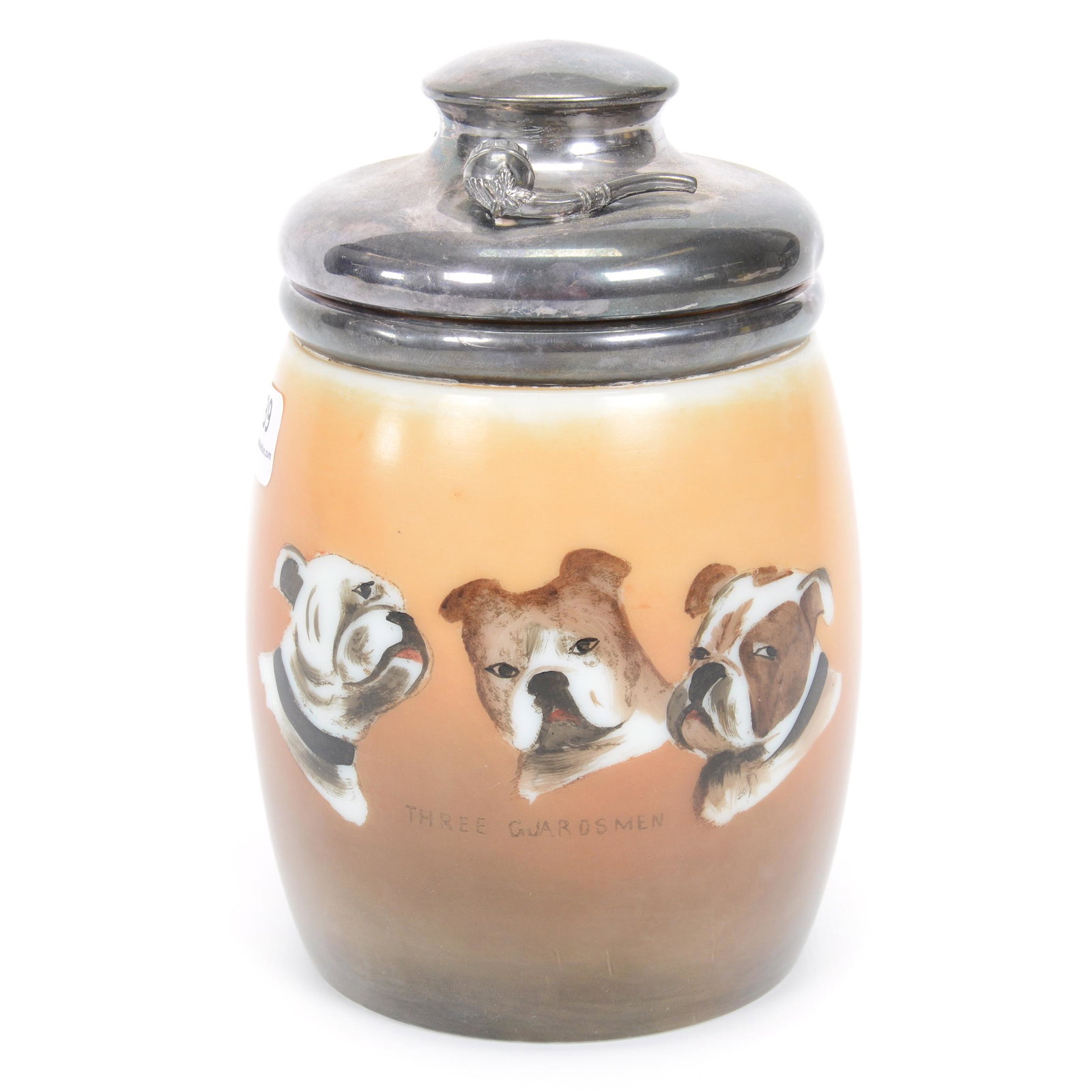 Humidor, Unmarked C.F. Monroe/Wave Crest Style: Humidor, Unmarked C.F. Monroe/Wave Crest Style, 7", Cream And Brown Tones With "Three Guardsmen" Bulldog Decor, Original Silverplate Lid With Figural Pipe Highlights, Private Midwest Collection