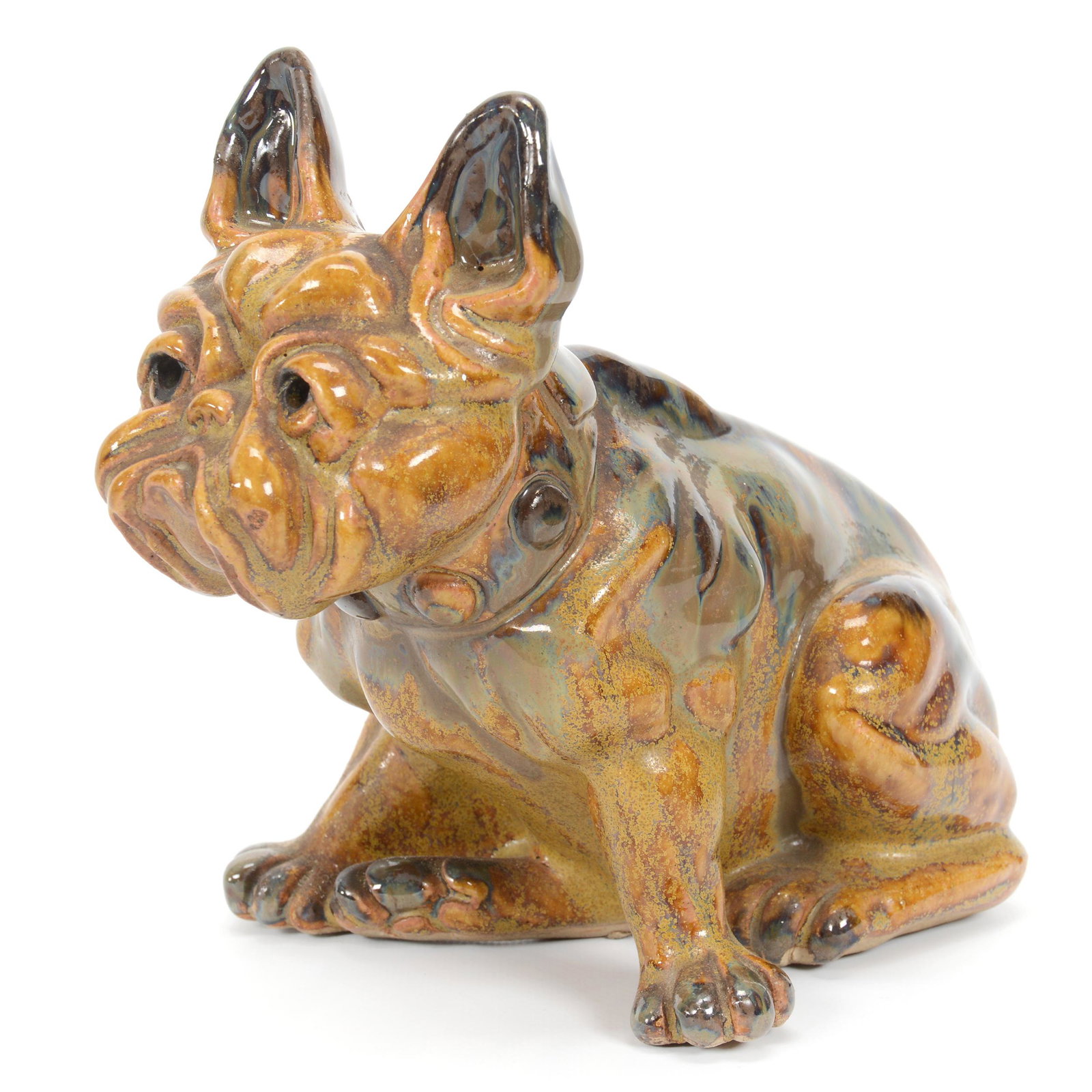 Dog Figure, Unmarked Fulper Pottery: Dog Figure, Unmarked Fulper Pottery, 8" x 11", French Bulldog Sitting, Fulper Pottery Form #492, Private Midwest Collection