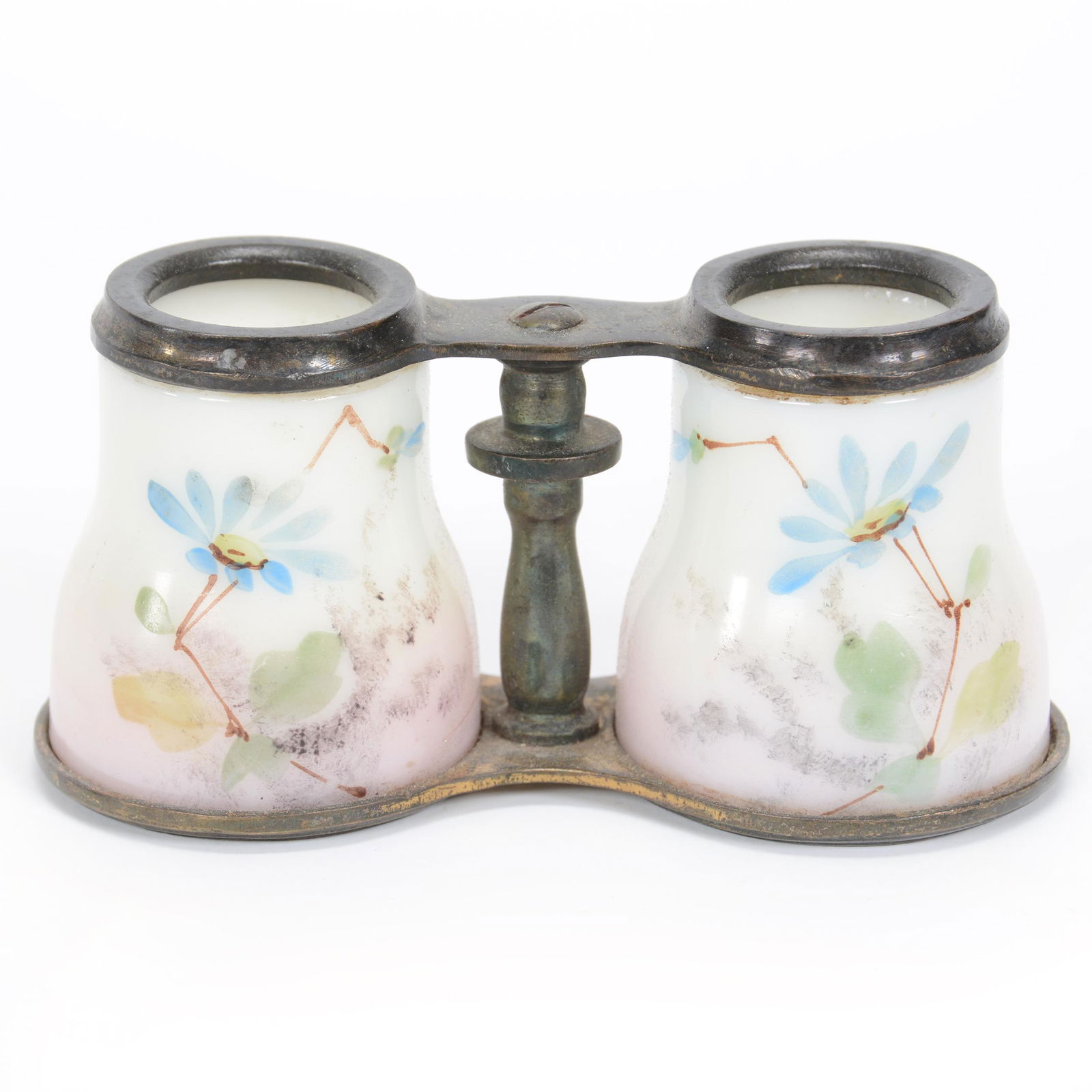 Binocular Shape, Unmarked Wave Crest: Binocular Shape, Unmarked Wave Crest, 2.25" x 4.5", Double Toothpick Holder, Pink And White With Blue Floral Decor, Private Midwest Collection