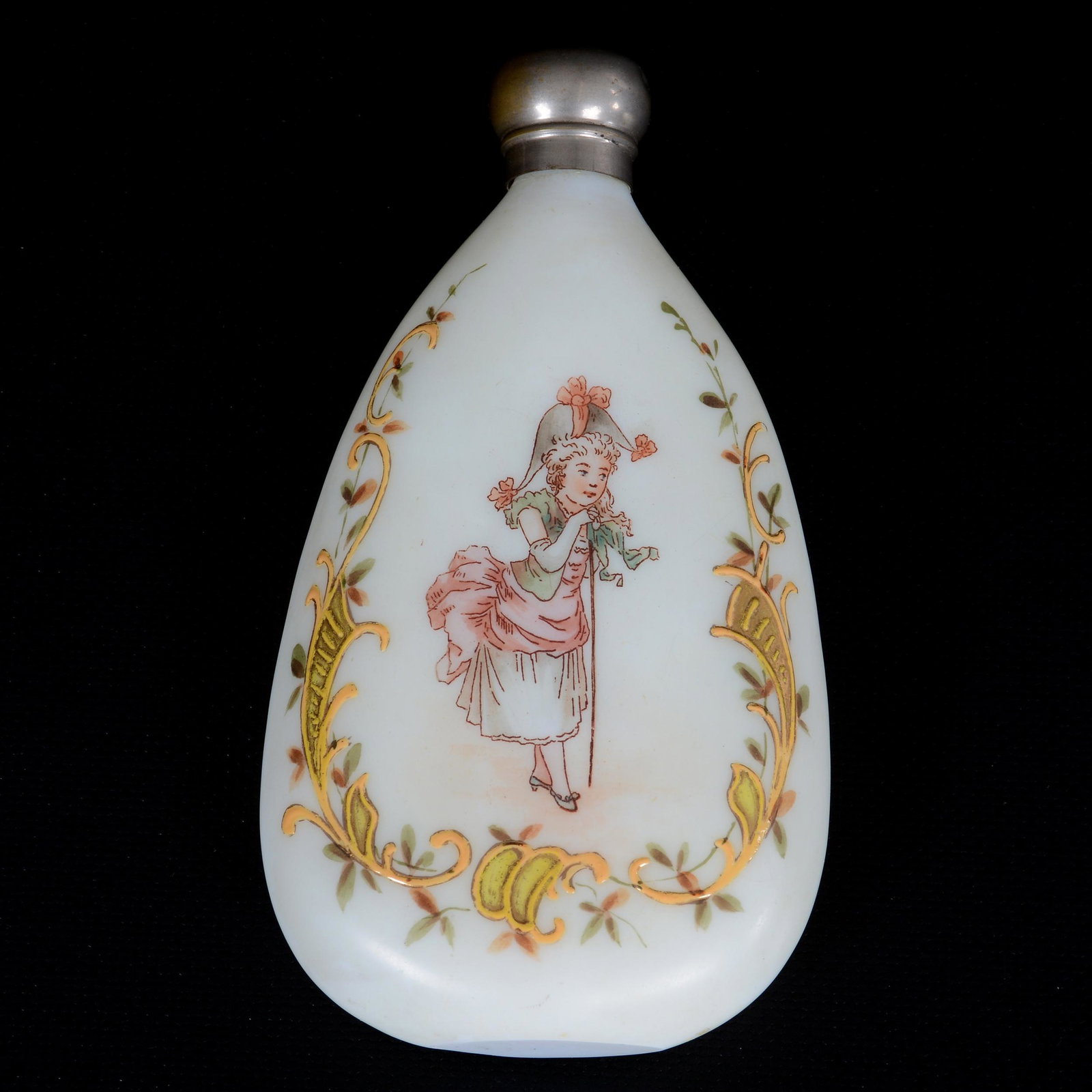 Flask, Attributed To C.F. Monroe/Wave Crest: Flask, Attributed To C.F. Monroe/Wave Crest, 6.25", Yellow Tones With Scene Of Young Woman, Enamel Highlights, Silverplate Twist Cap, Private Midwest Collection