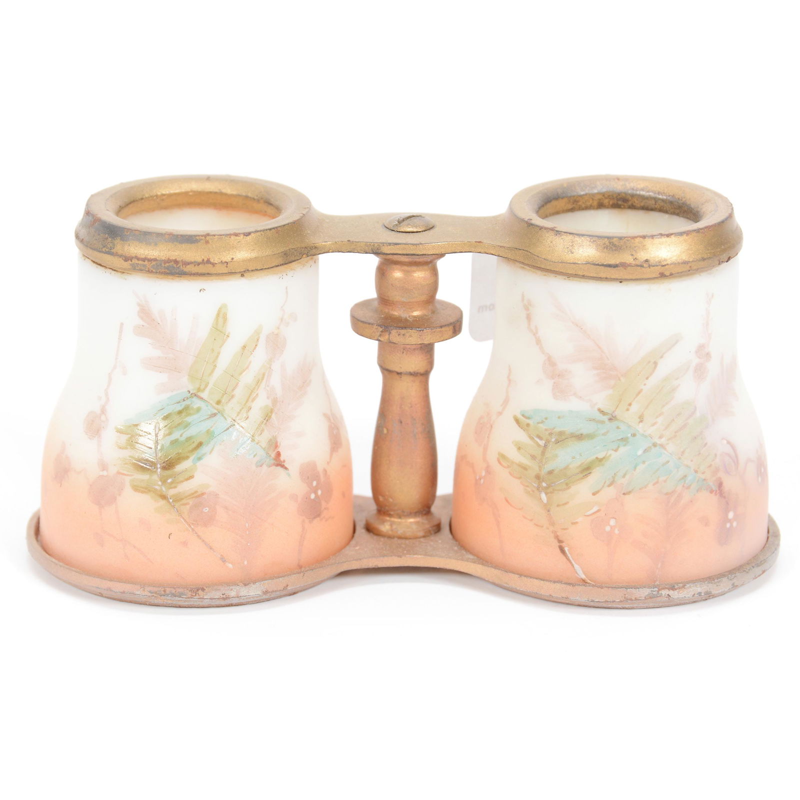 Binocular Shape, Unmarked Wave Crest: Binocular Shape, Unmarked Wave Crest, 2.25" x 4.5", White And Orange With Fern Decor, Double Toothpick Holder, Private Midwest Collection