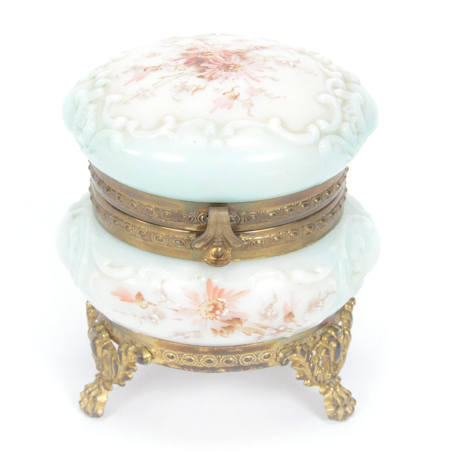 Jewel Box, Wave Crest Banner Mark: Jewel Box, Wave Crest Banner Mark, 4" x 3.25", Blue And White With Pink Floral Decor, Gilt Metal Feet, Private Midwest Collection