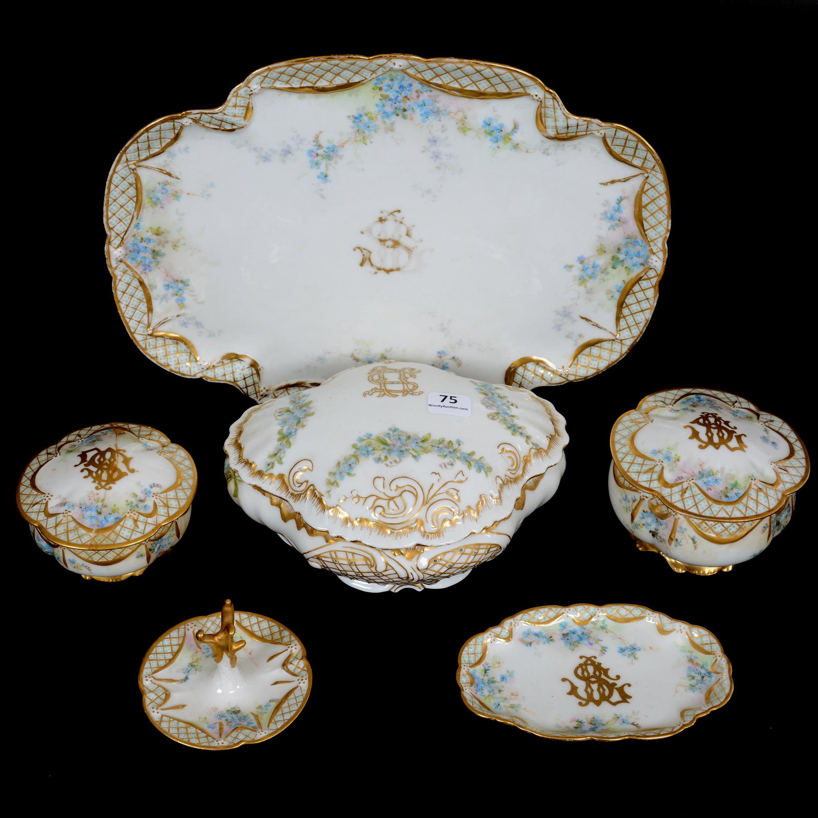 Dresser Set, Five Piece, Marked Limoges Ca. 1896: Dresser Set, Five Piece, Marked Limoges Ca. 1896, White With Gold Stencil Lattice And Blue Floral Garland Decor, (1) 11.5" Dresser Tray, (1) 5.25" Pin Tray, (1) 4" Covered Box, (1) 3.25" Ring Tree, (1