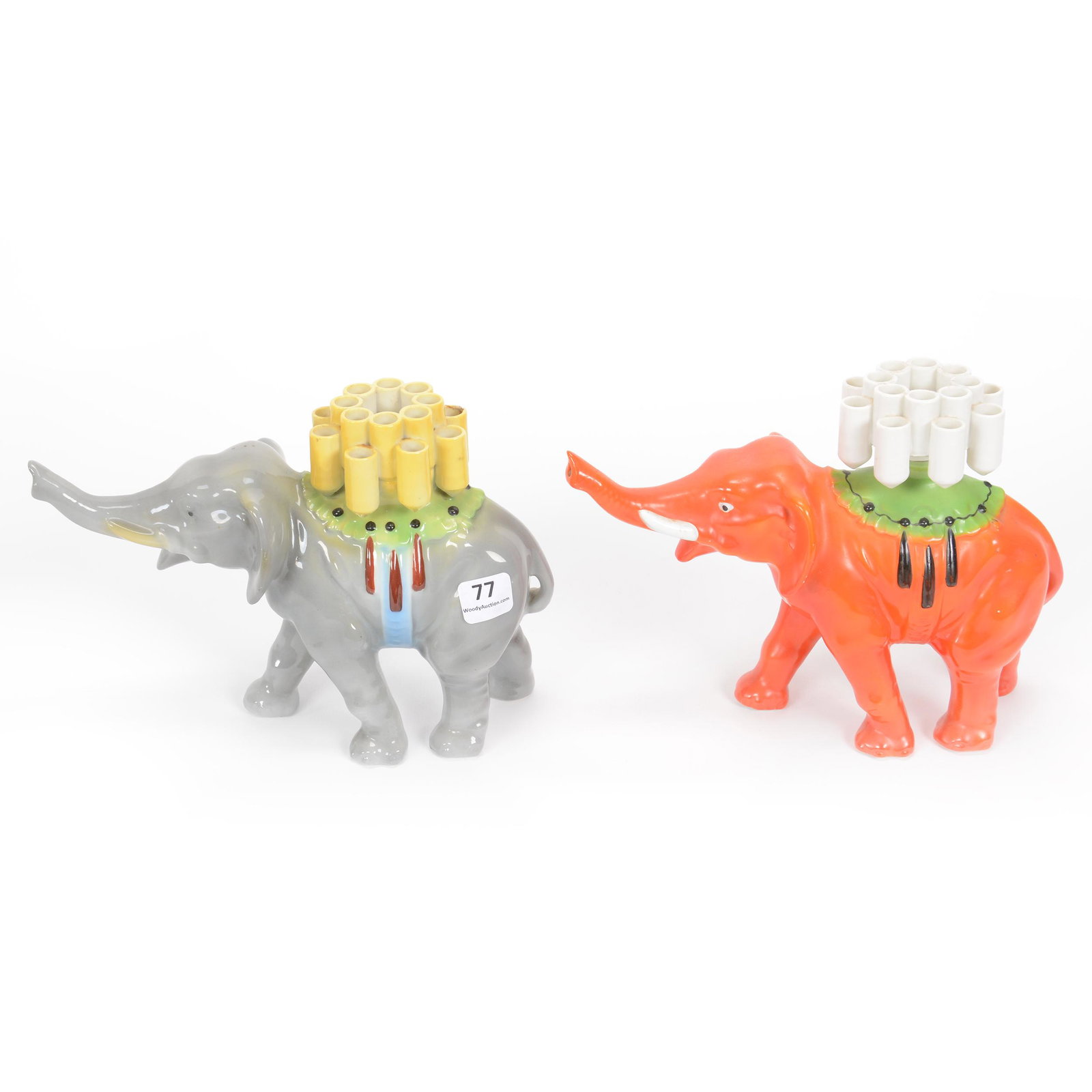 (2) Bavarian Porcelain Figural Elephants: (2) Bavarian Porcelain Figural Elephants, (1) 6.25" X 8.5" Red Elephant Decanter, With Removeable Cigarette Holder/Stopper, (1) 6" X 8.5" Gray Elephant, Cigarette Holder, Not A Decanter, Chip On Two H