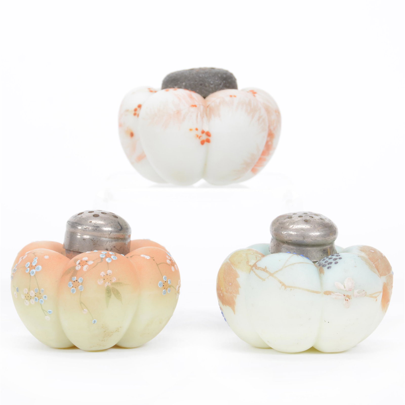 (3) Shakers, All Different, Mt. Washington: (3) Shakers, All Different, Mt. Washington, 2.5", Melon Shape, (1) Burmese Coloring, (1) White, (1) Blue And Yellow, All With Floral Decor, Private Midwest Collection