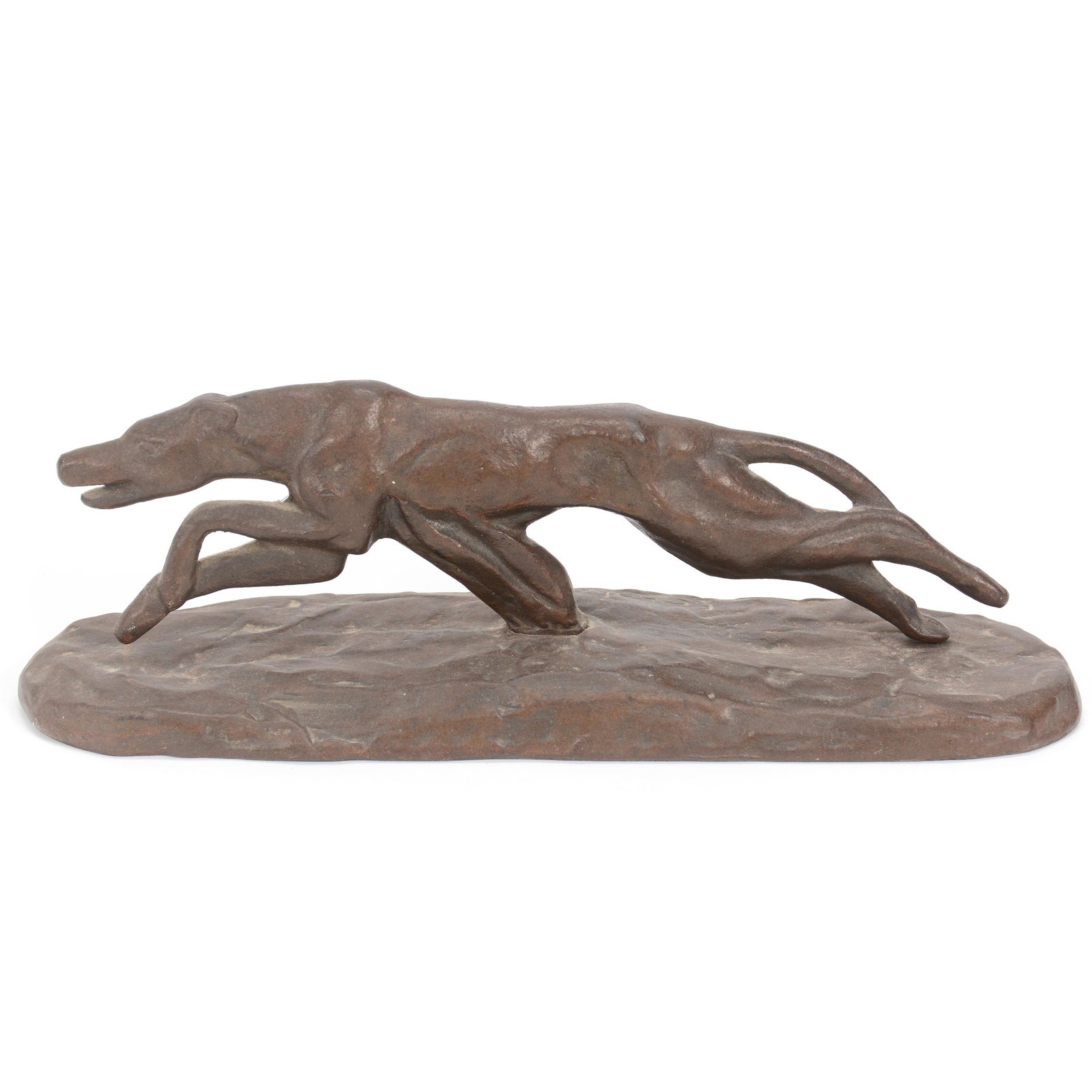Doorstop, Cast Iron Racing Greyhound, Artist Marked: Doorstop, Cast Iron Racing Greyhound, Artist Marked, 4" x 11.75", Artist Marked "F. Chahey 1929", Marked On Base "Lakeside Malleable Company 1930", Private Midwest Collection