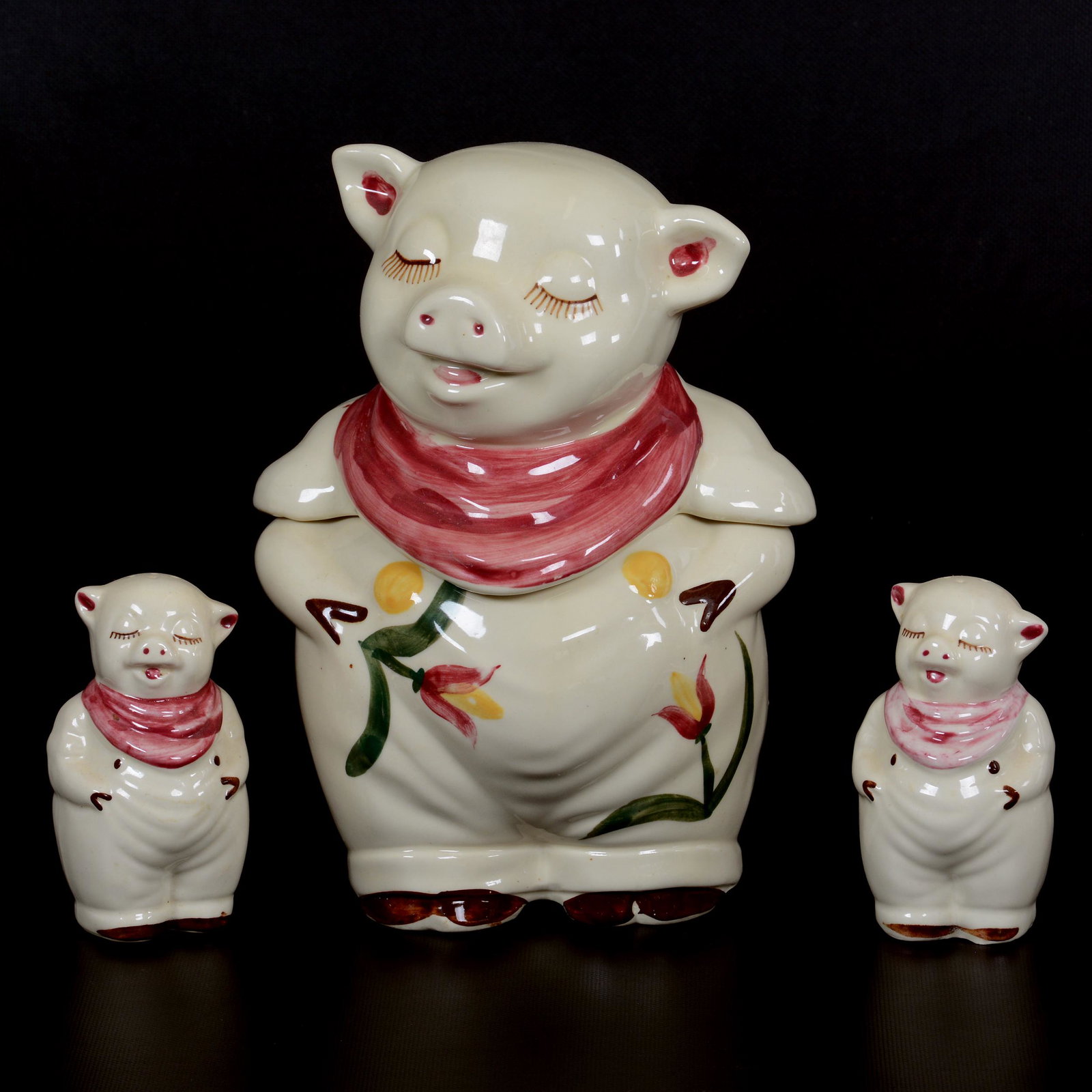 (3) Shawnee Pottery Pig Items: (3) Shawnee Pottery Pig Items, (1) 11.25" Cookie Jar, (2) 5.25" Salt & Pepper Shakers - Cookie Jar Lid W/ Crack, Private Midwest Collection