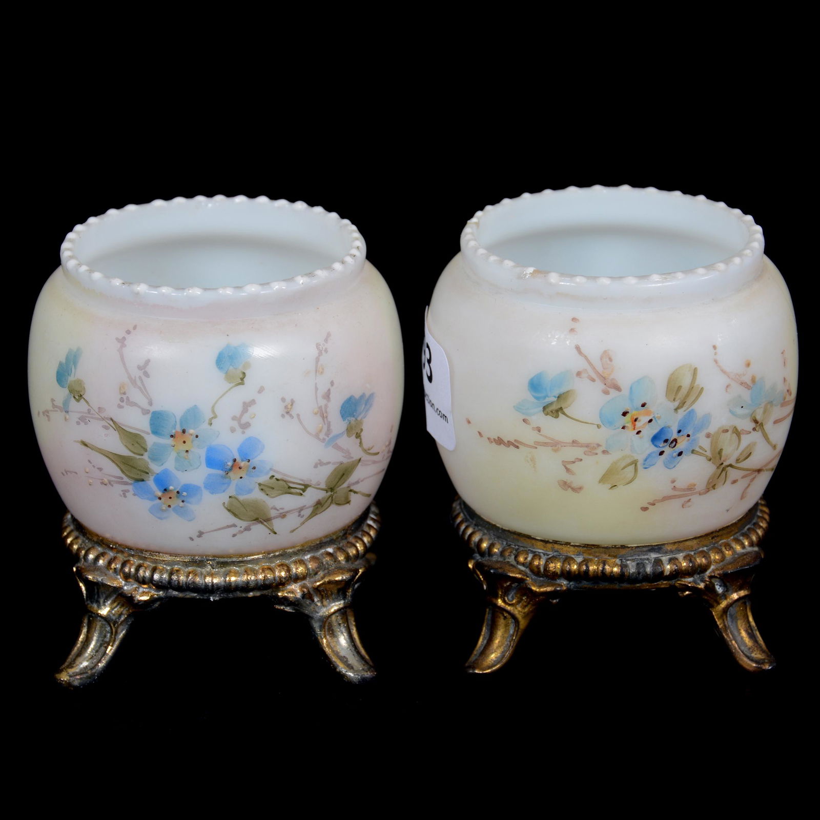 (2) Toothpick Holders, Wave Crest Stamp Mark: (2) Toothpick Holders, Wave Crest Stamp Mark, 2.5", Gilt Metal Feet, Floral Decor, Private Midwest Collection