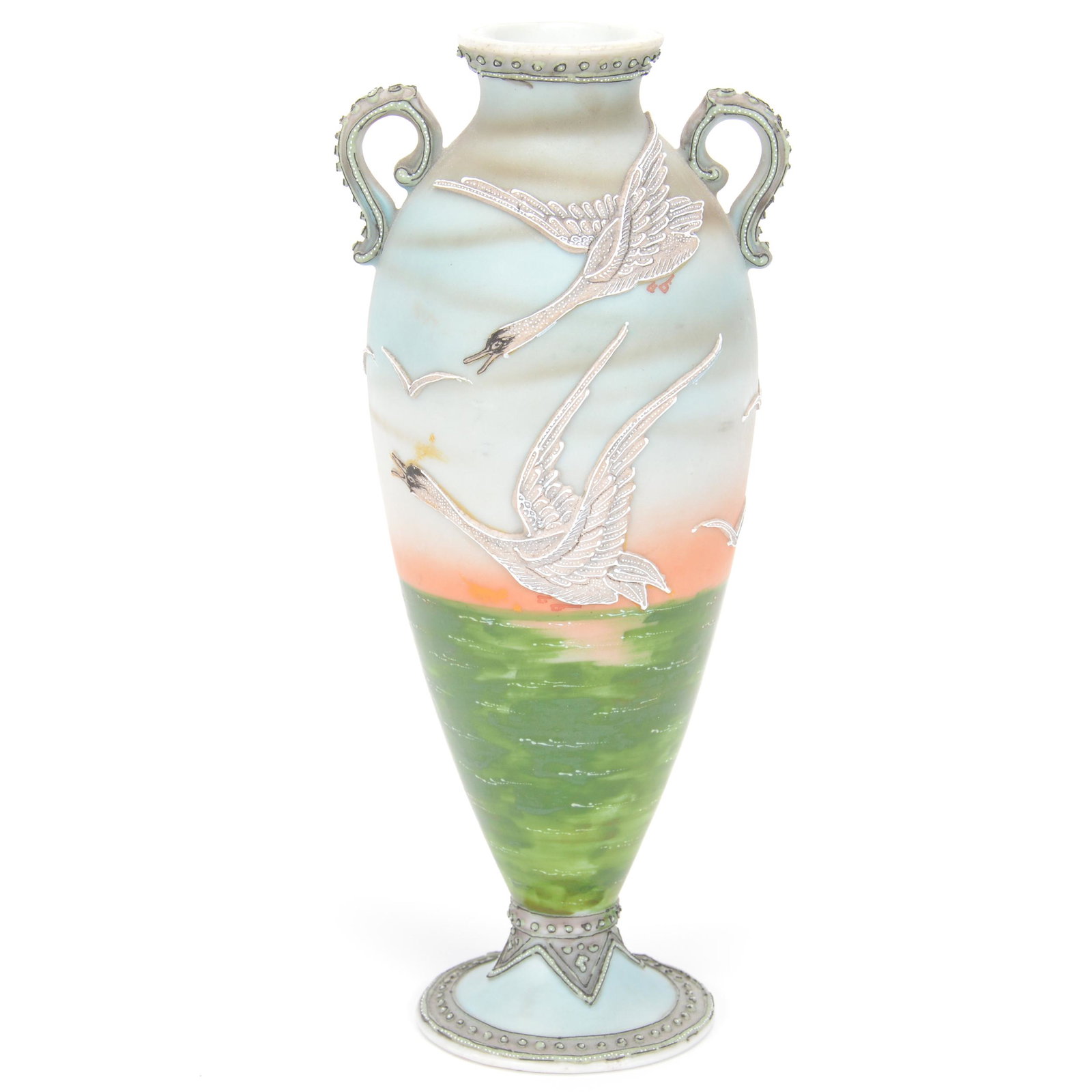 Pedestal Vase, Two Handles, Royal Nippon Moriye: Pedestal Vase, Two Handles, Royal Nippon Moriye Porcelain, 8.25" x 3.5", Scenic Decor Of White Swan In Flight, Moriaga Highlights. This Item May Have Been Intended To Have A Lid That Is No Longer With