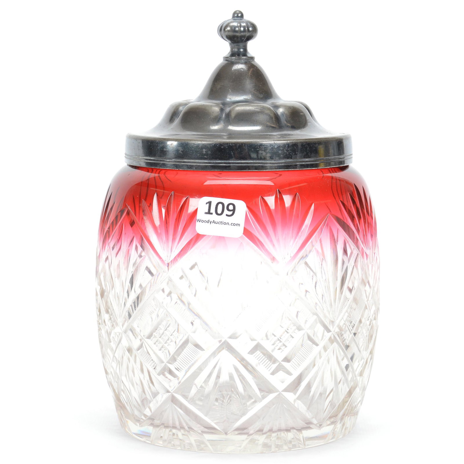 Biscuit Jar, Rubina Art Glass: Biscuit Jar, Rubina Art Glass, 8", Crosscut Diamond, Zipper And Fan Motif, Ray Cut Base, Silverplate Lid, Missouri private collection