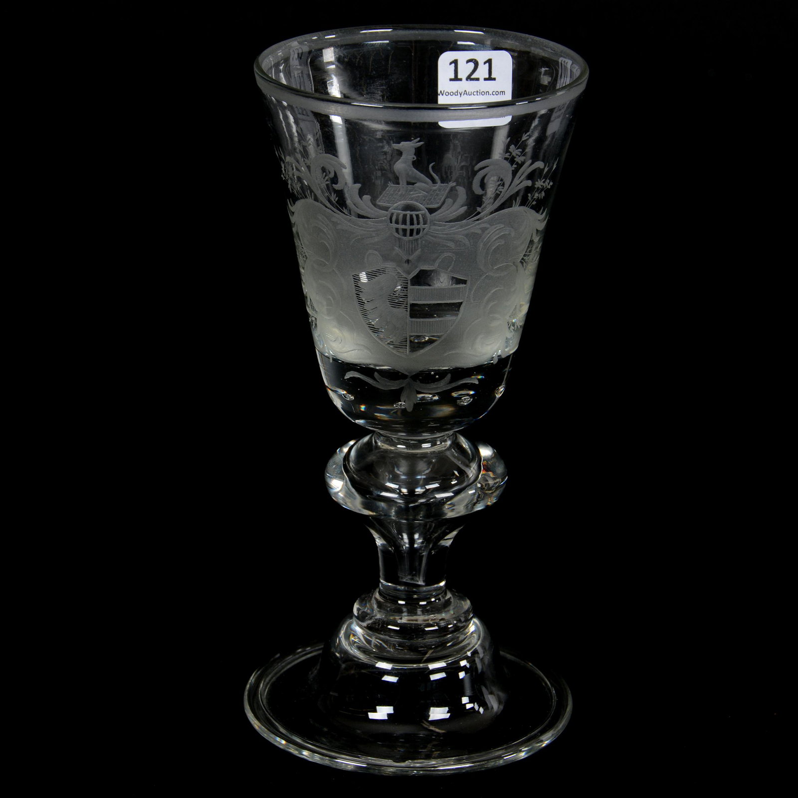 Bohemian Chalice, Engraved Coat Of Arms: Bohemian Chalice, Engraved Coat Of Arms, 7.5" x 3.5", Clear Glass With Engraving, Missouri private collection