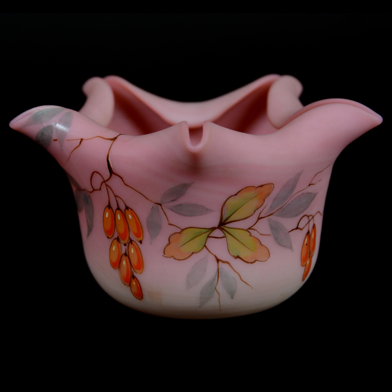 Bowl, Decorated Burmese By Webb: Bowl, Decorated Burmese By Webb, 2.25" x 3.75", Five-Sided, Star Crimped Top, Hairline Crack On One Crimped Point, Missouri private collection