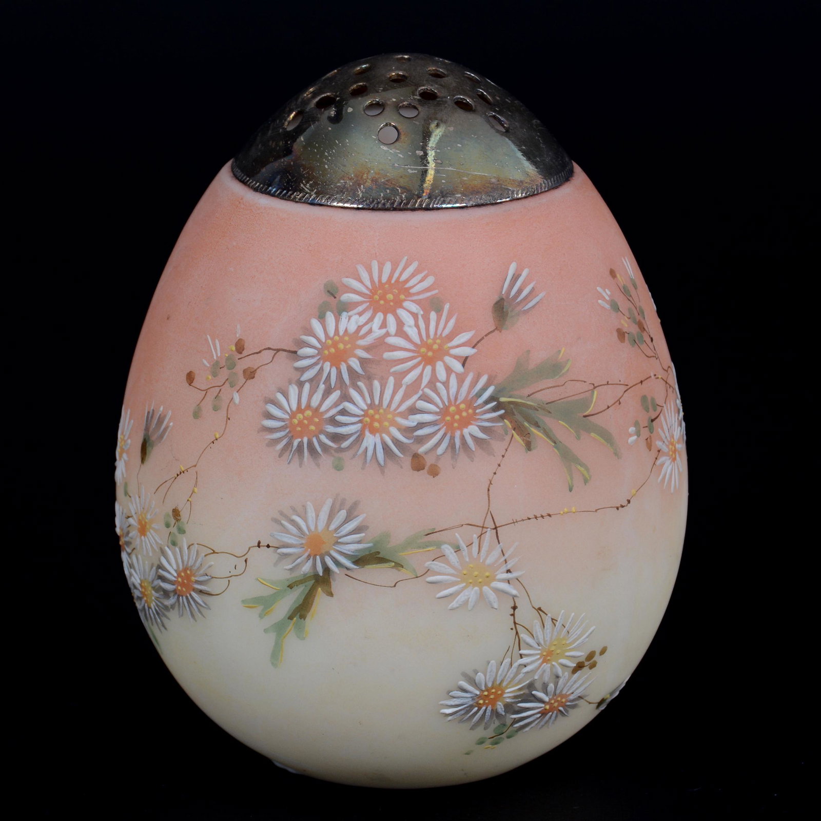 Sugar Shaker, Decorated Burmese, Egg Shape: Sugar Shaker, Decorated Burmese, Egg Shape, 4.25", Attributed To Mt. Washington, Missouri private collection